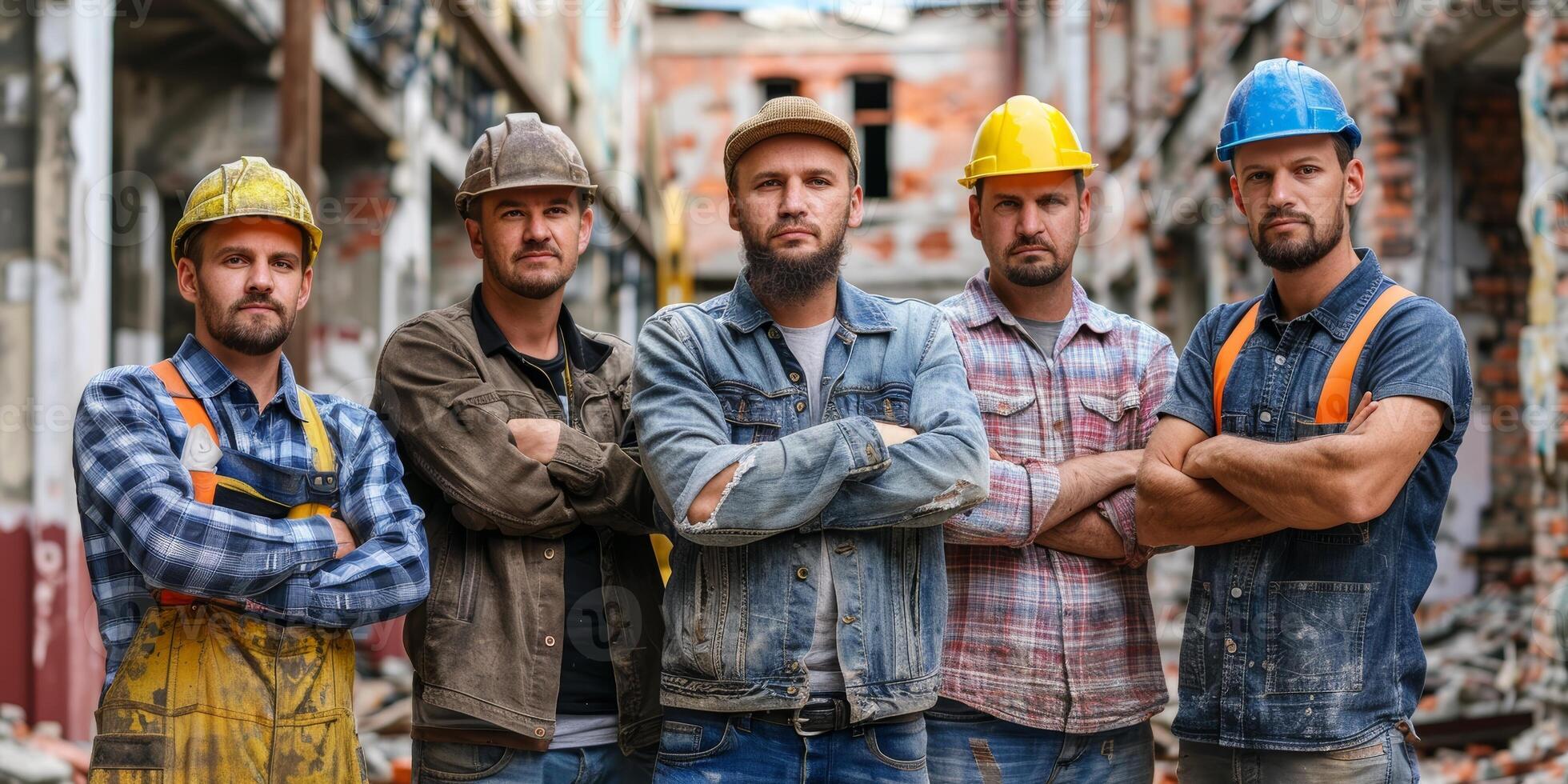 Confident Construction Workers with Arms Crossed at Demolition Site photo
