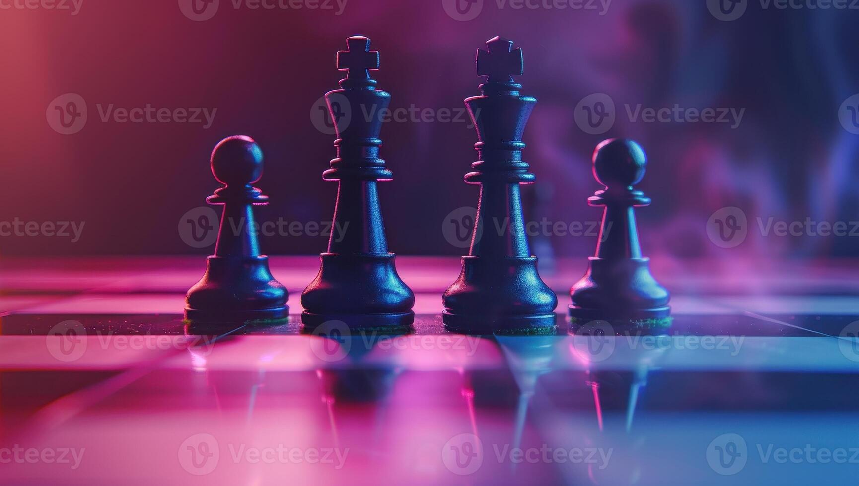 Black chess pieces on a board with dramatic pink and blue lighting, concept of strategy, competition, and intelligence photo