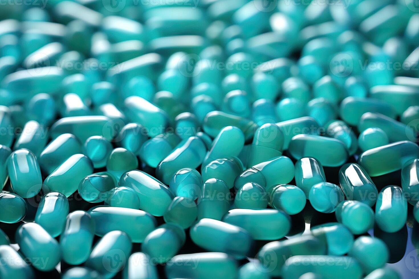 Close-up of turquoise blue pills scattered on a dark background. Concept of medicine, healthcare, pharmaceuticals, and addiction. photo