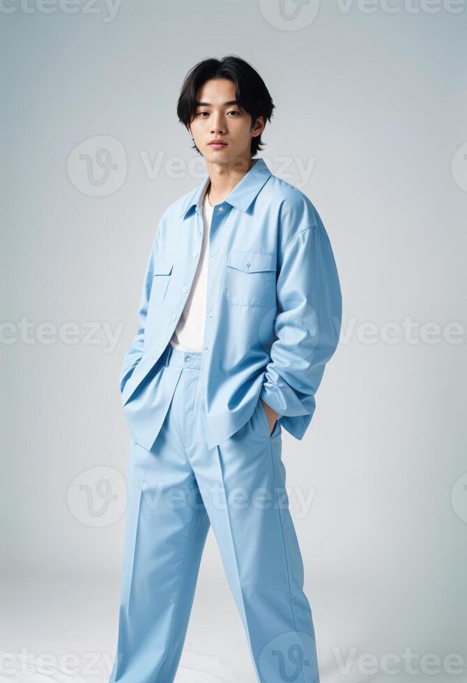 Stylish Young Korean Man in Trendy Blue Outfit. Pose confidently against a neutral background photo