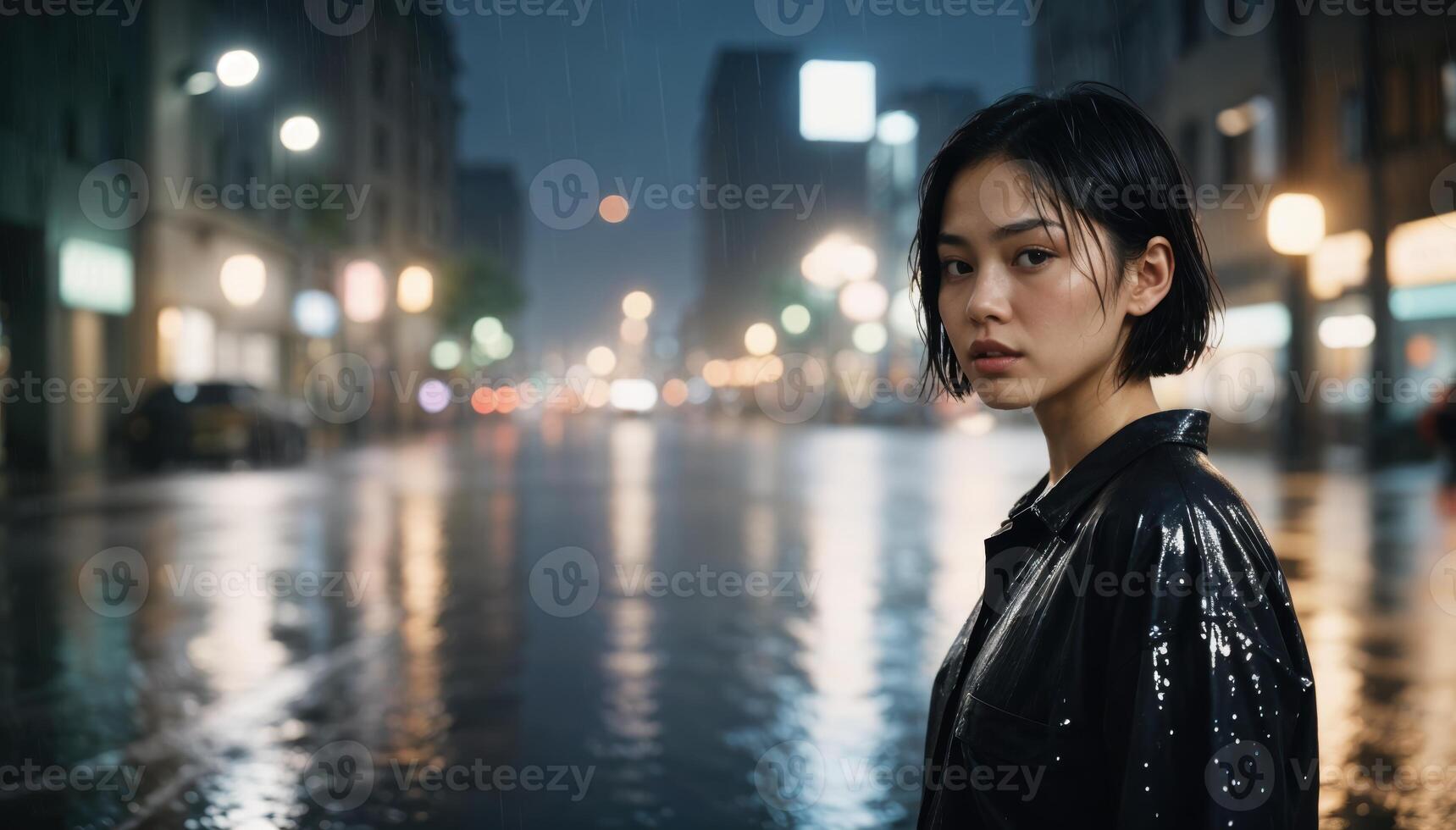 Young Asian woman with short wet black hair standing on a rainy city street at night, surrounded by blurred city lights. photo