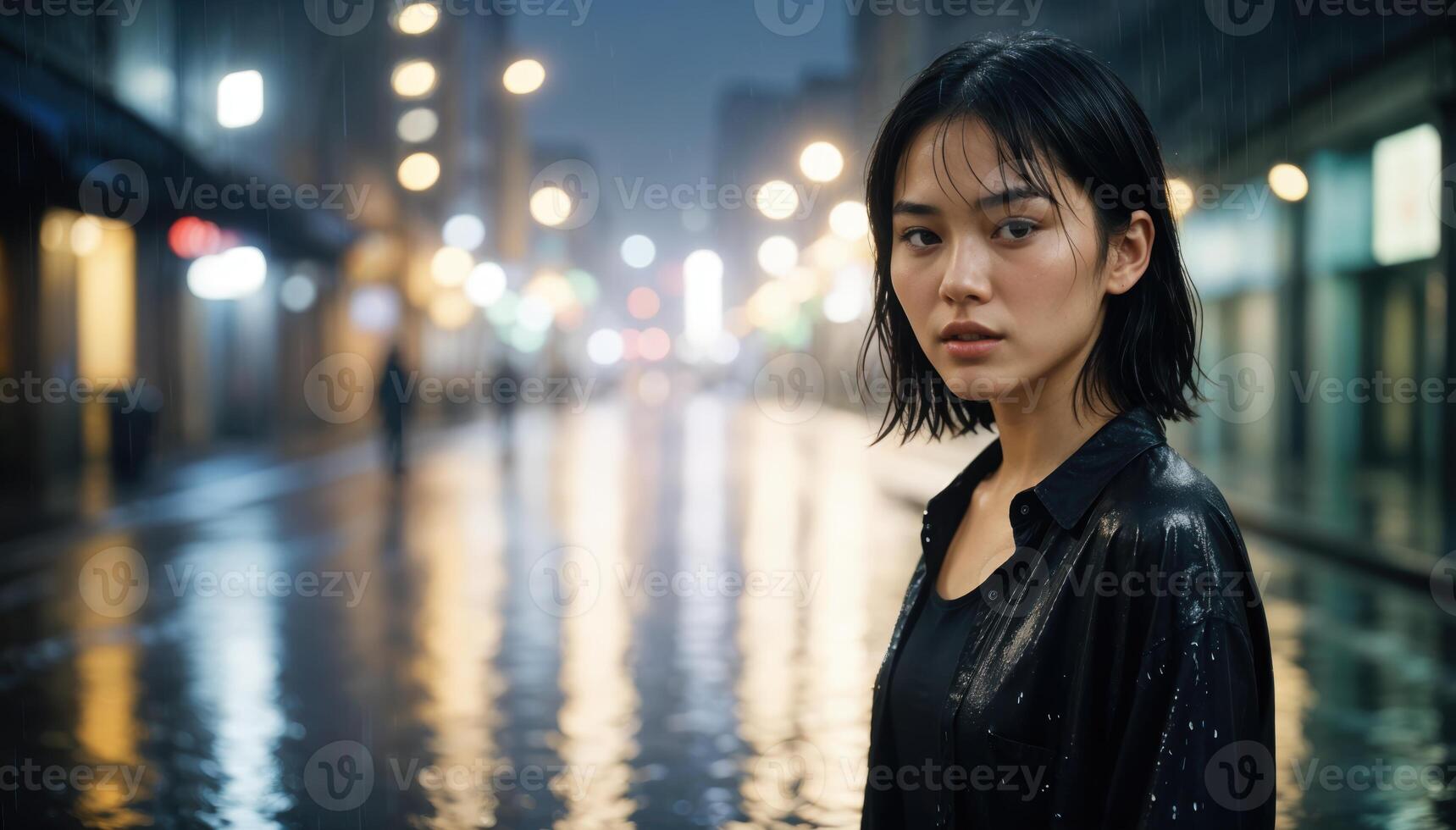 Young Asian woman with short wet black hair standing on a rainy city street at night, surrounded by blurred city lights. photo