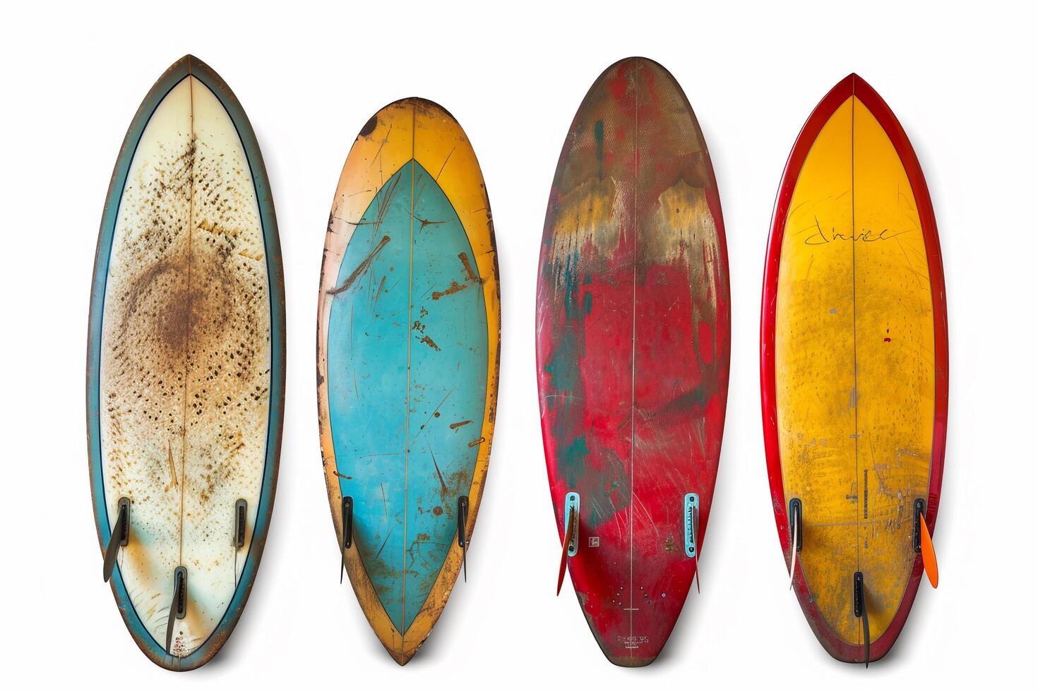 Four Vintage Surfboards on White Background. photo