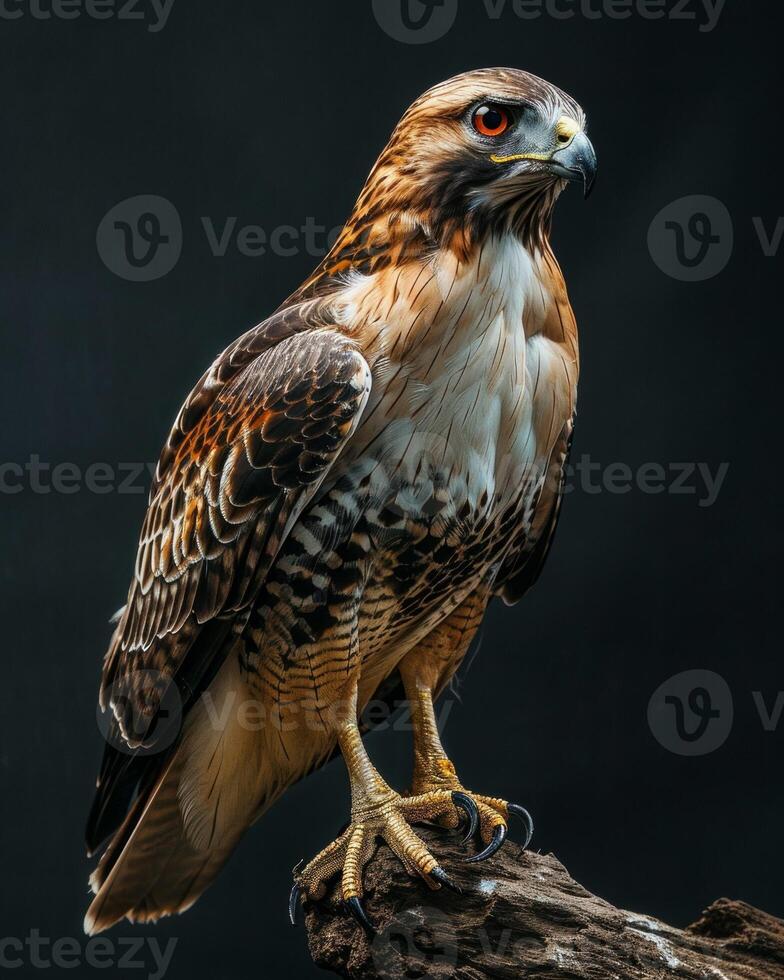 Red tailed Hawk standing on the rooted in studio isolated on black background photo