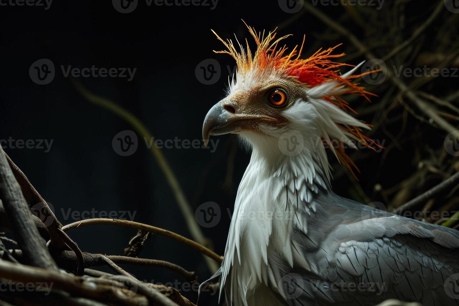 Secretary Eagle bird on the rooted in studio isolated on black background photo