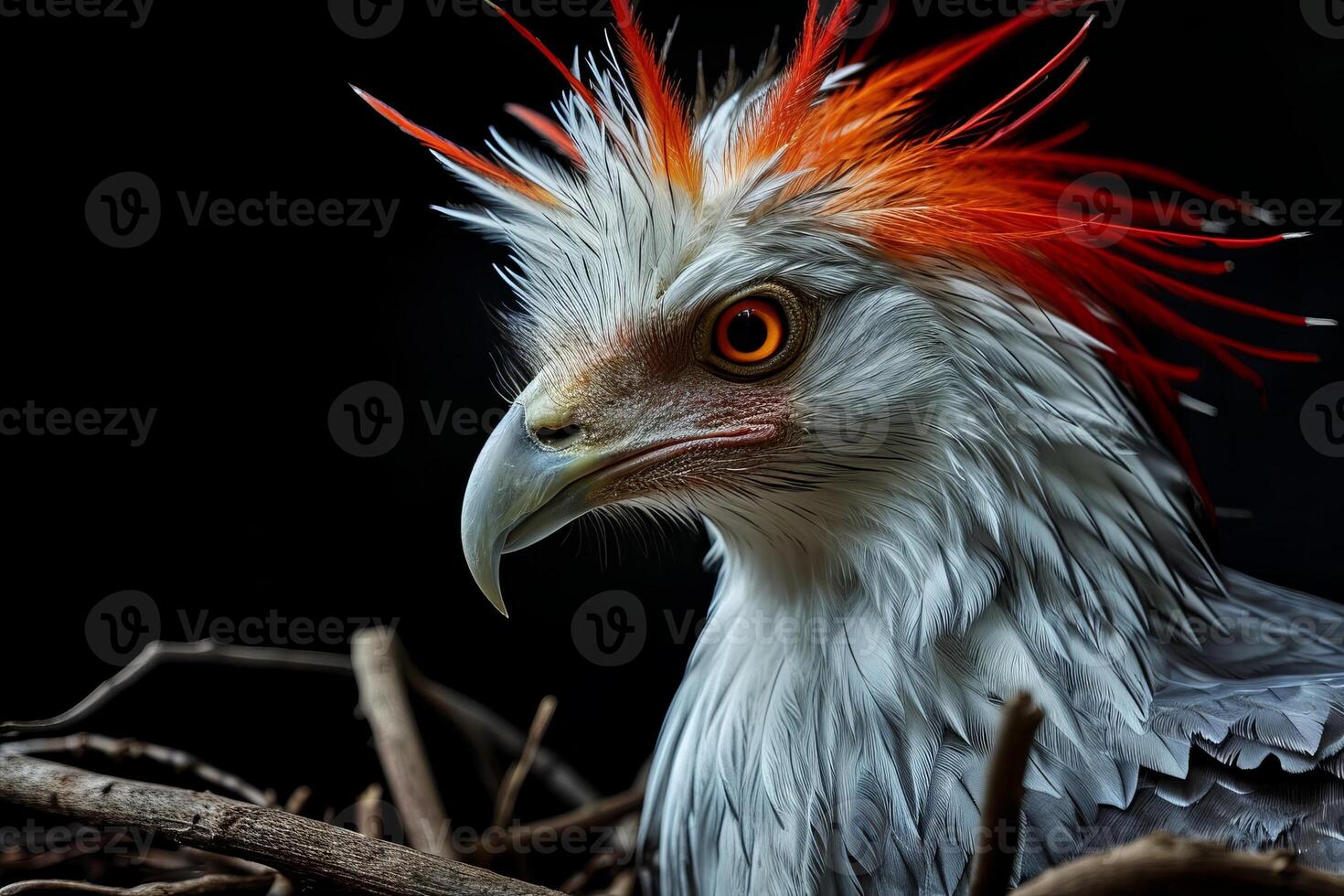 Secretary Eagle bird on the rooted in studio isolated on black background photo