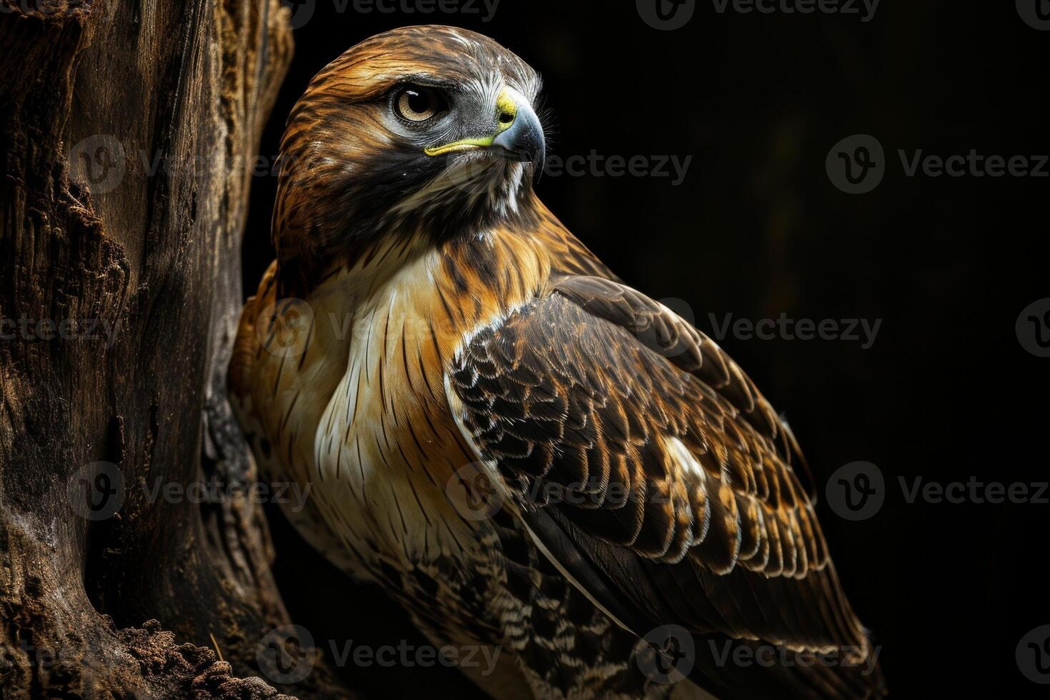 Red tailed Hawk Eagle bird on the rooted in studio isolated on black background photo