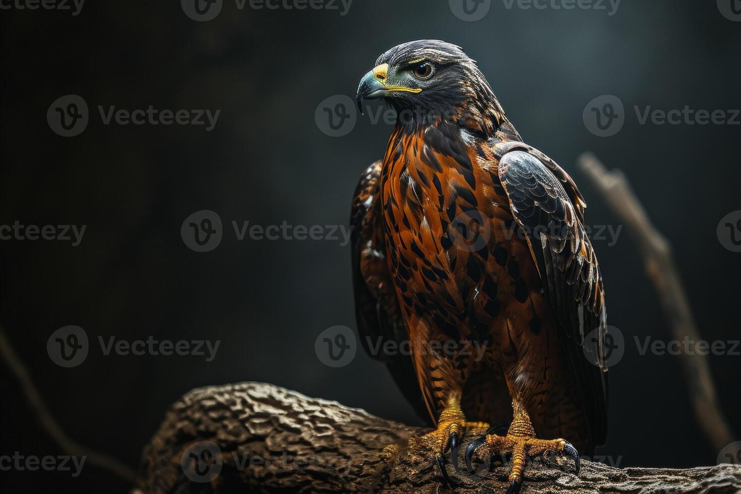 Serpent Eagle bird standing on the rooted in studio isolated on black background photo