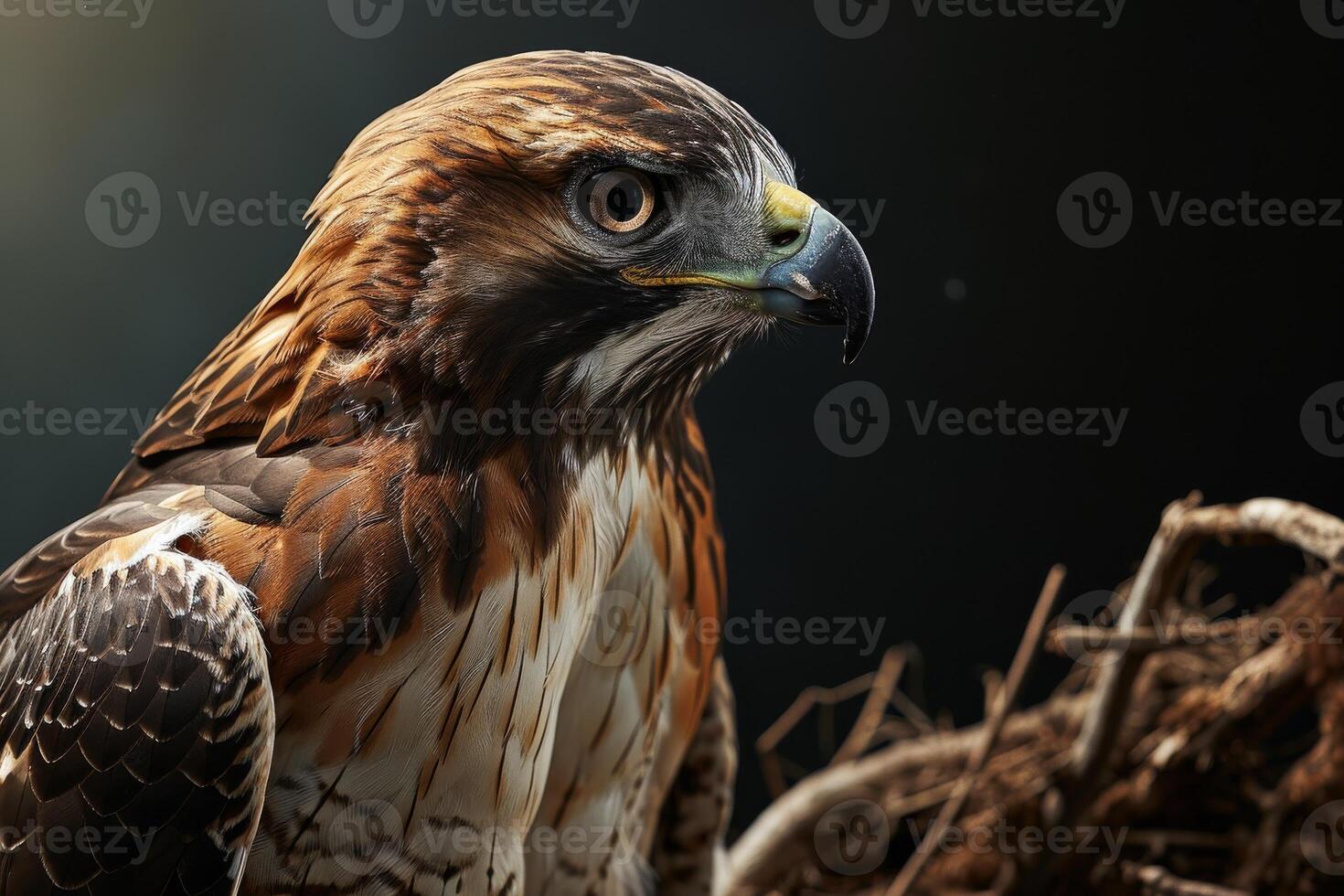 Red tailed Hawk Eagle bird on the rooted in studio isolated on black background photo