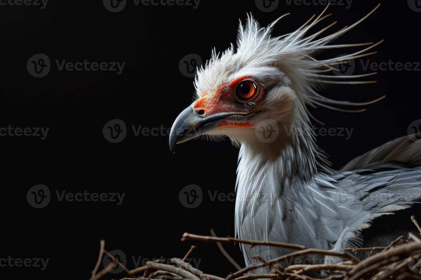 Secretary Eagle bird on the rooted in studio isolated on black background photo