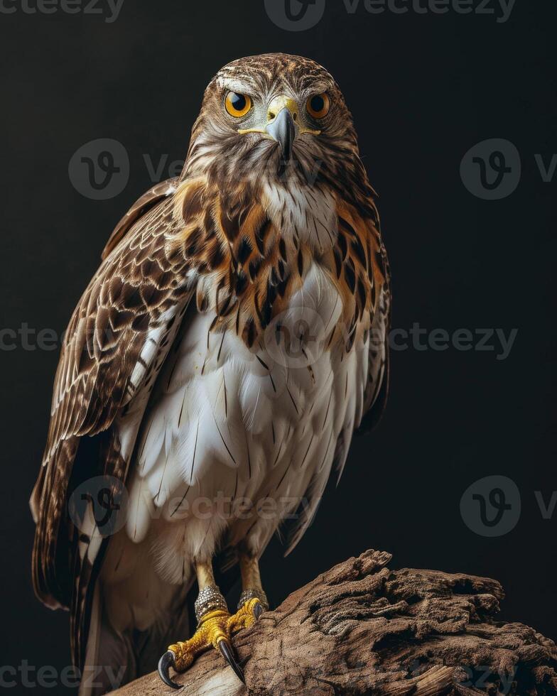 Short-toed Snake Eagle bird on the rooted in studio isolated on black background photo
