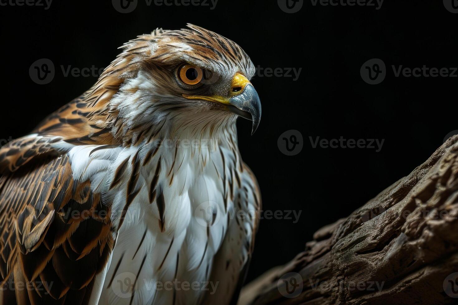 Short-toed Snake Eagle bird on the rooted in studio isolated on black background photo