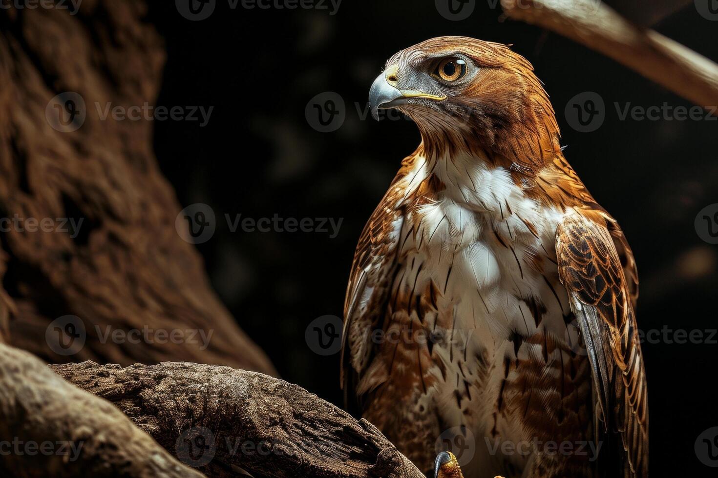 Short-toed Snake Eagle bird standing on the rooted in studio isolated on black background photo