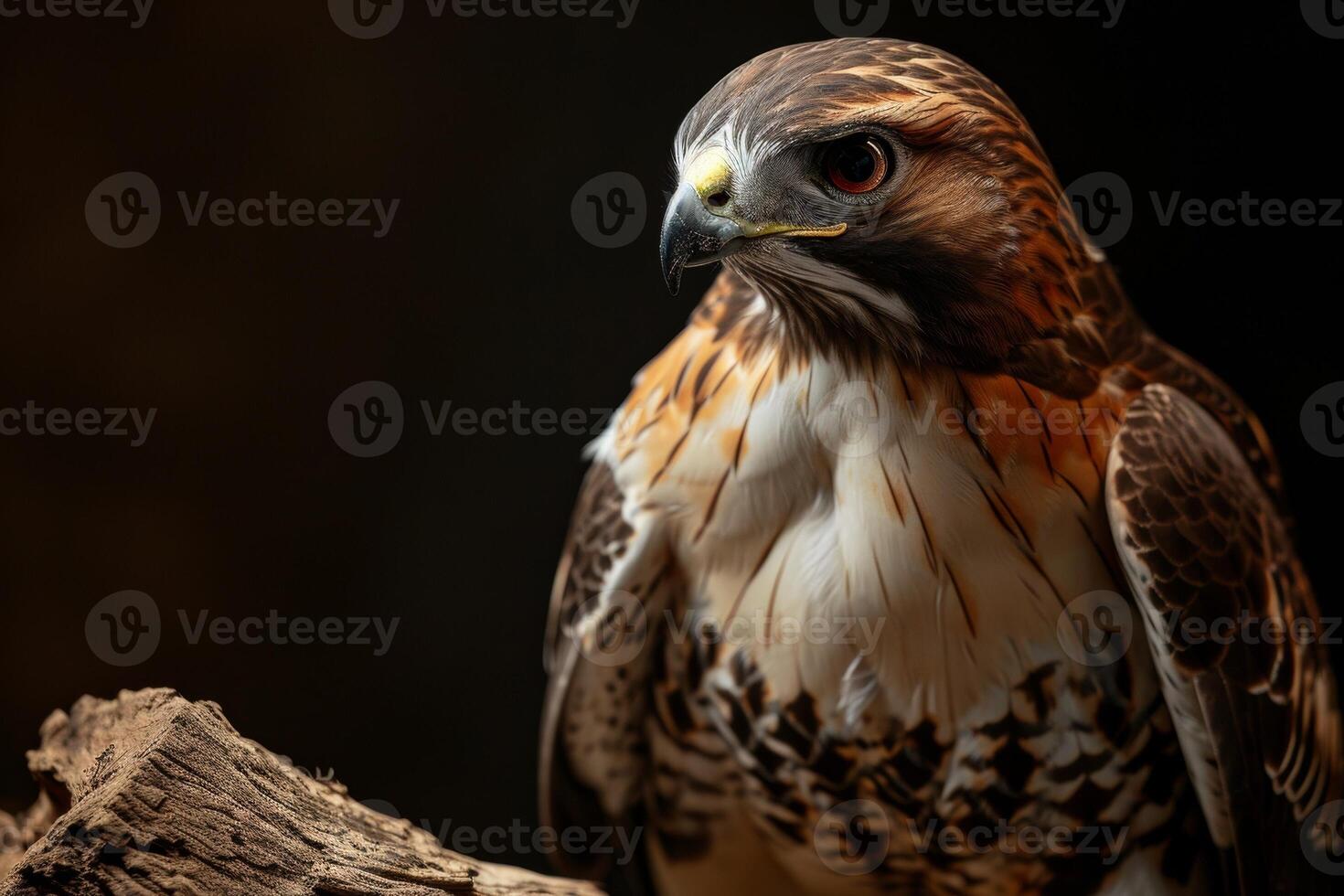 Red tailed Hawk Eagle bird on the rooted in studio isolated on black background photo