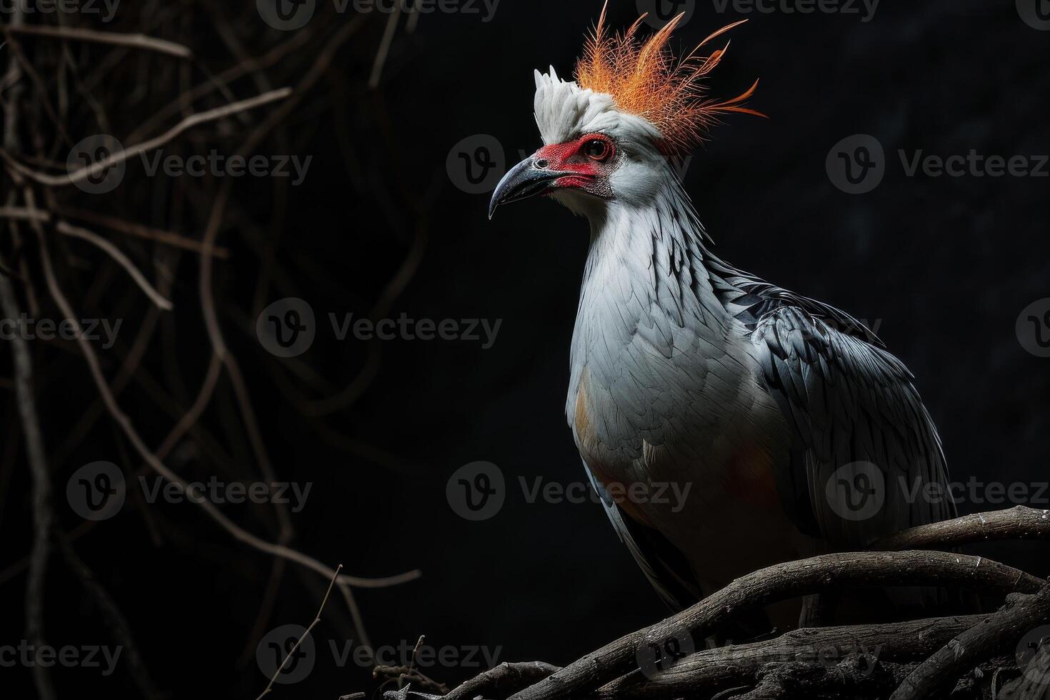Secretary Eagle bird on the rooted in studio isolated on black background photo