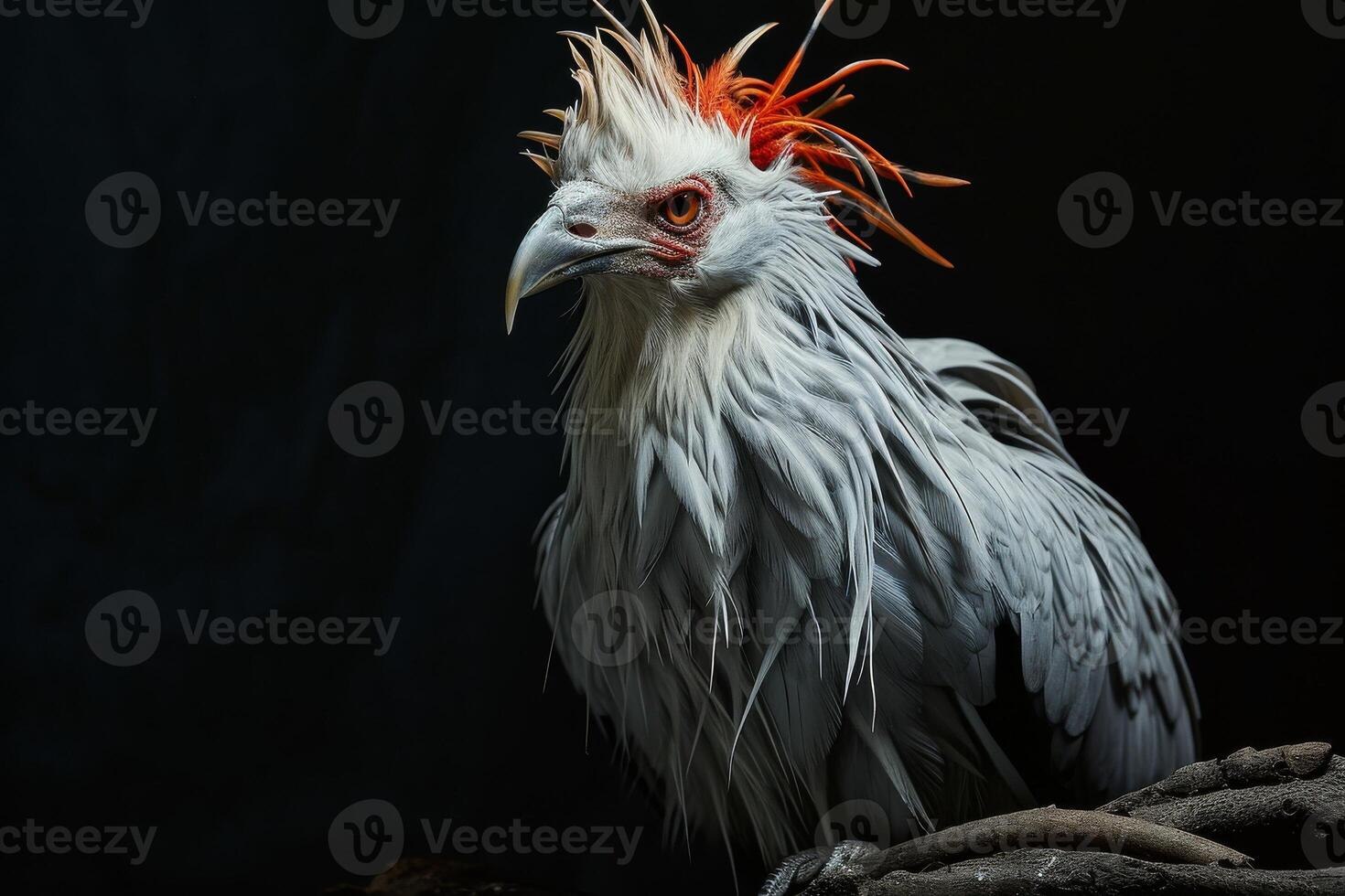 Secretary Eagle bird on the rooted in studio isolated on black background photo