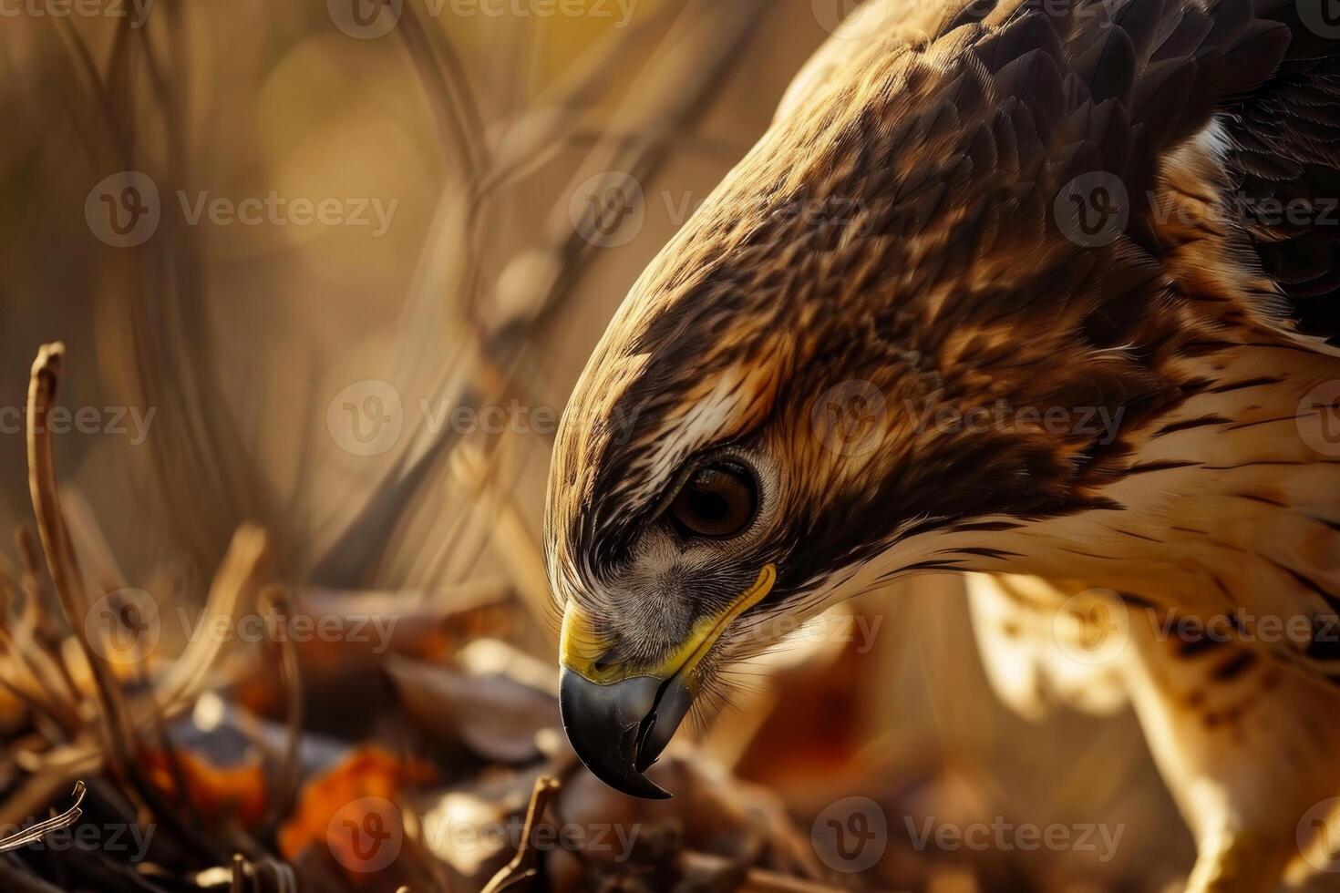 Red Tailed Hawk Eagle bird on the rooted in the forest photo