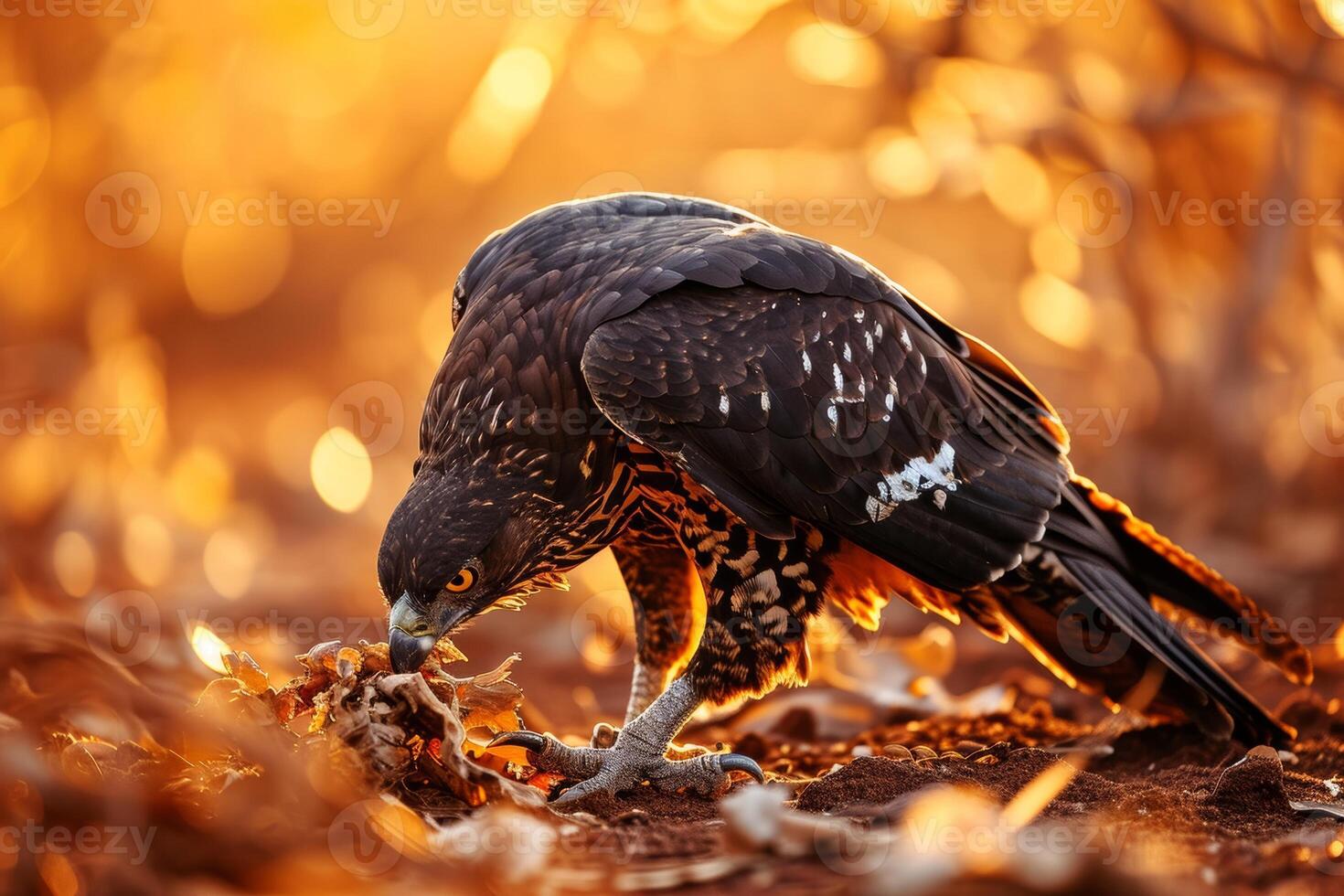 Black-chested Snake Eagle Bird eating on the rooted in the forest photo