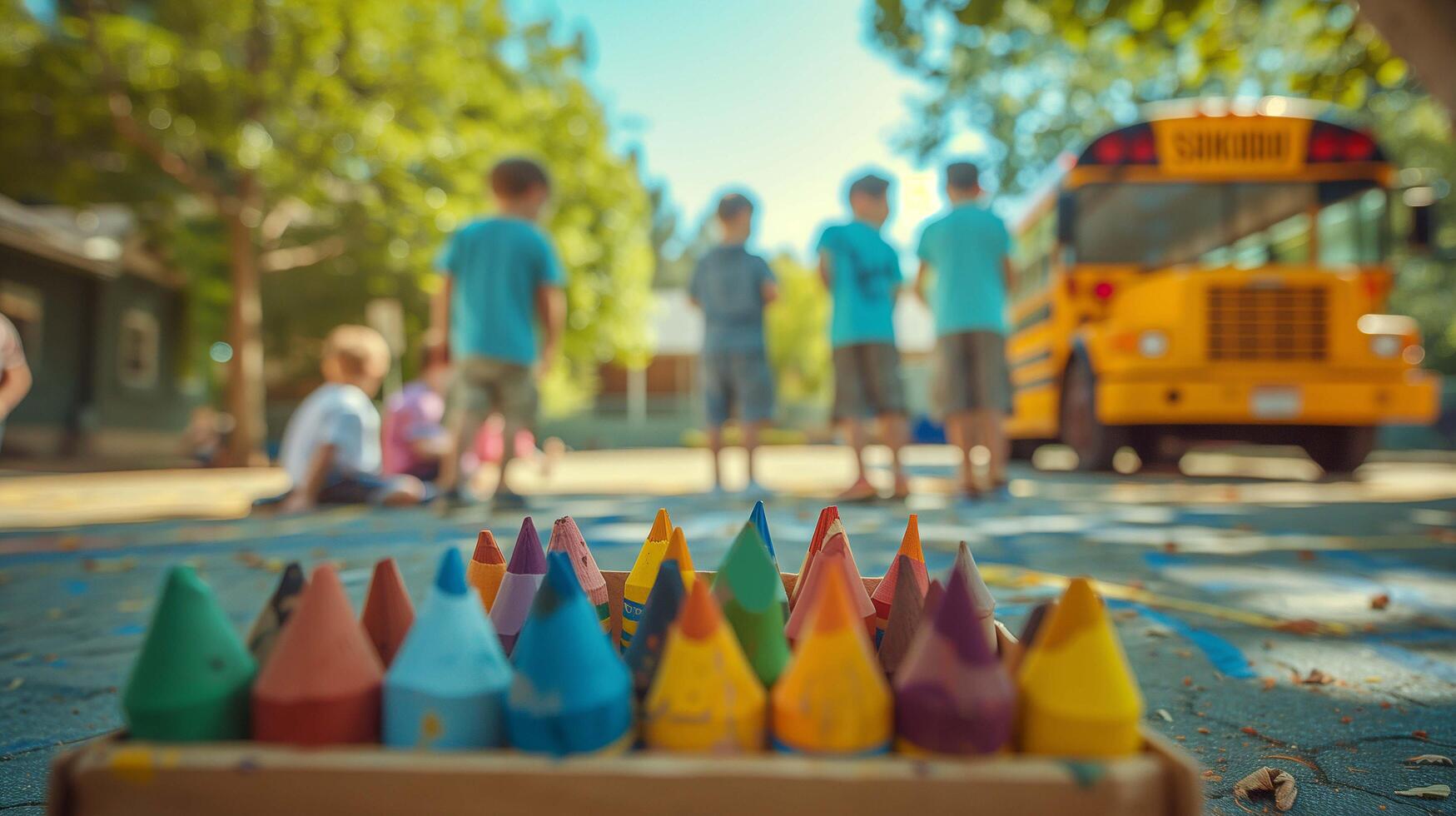 Group of former classmates gathers around a classic, vintage school bus photo