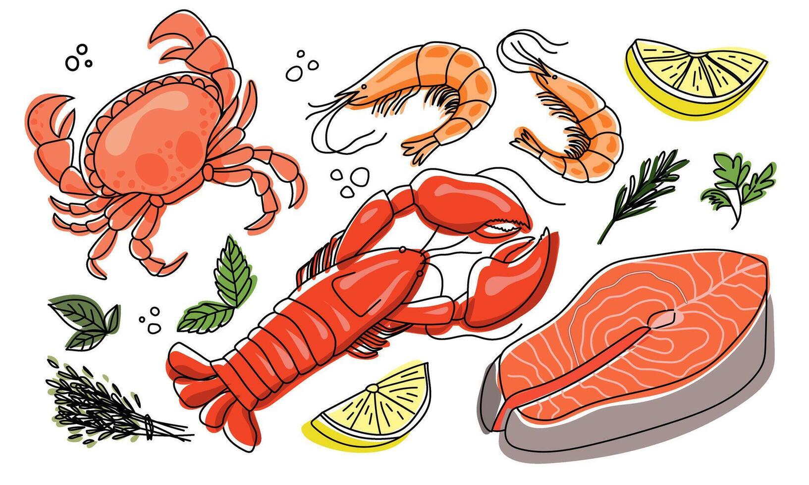 Seafood illustration set. Shrimp, salmon slice, crab, lobster. vector