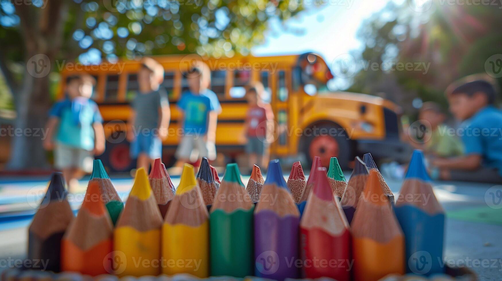 Students pose in front of an old-fashioned school bus photo