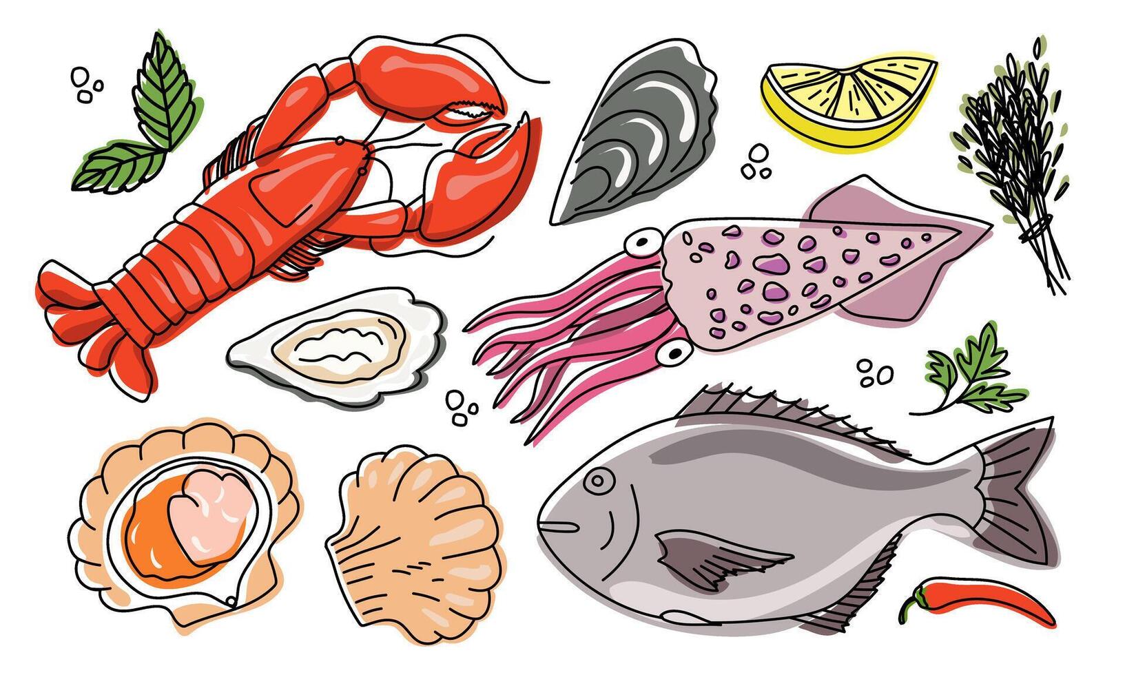 Seafood illustration set. Fresh seafood hand drawn set. vector