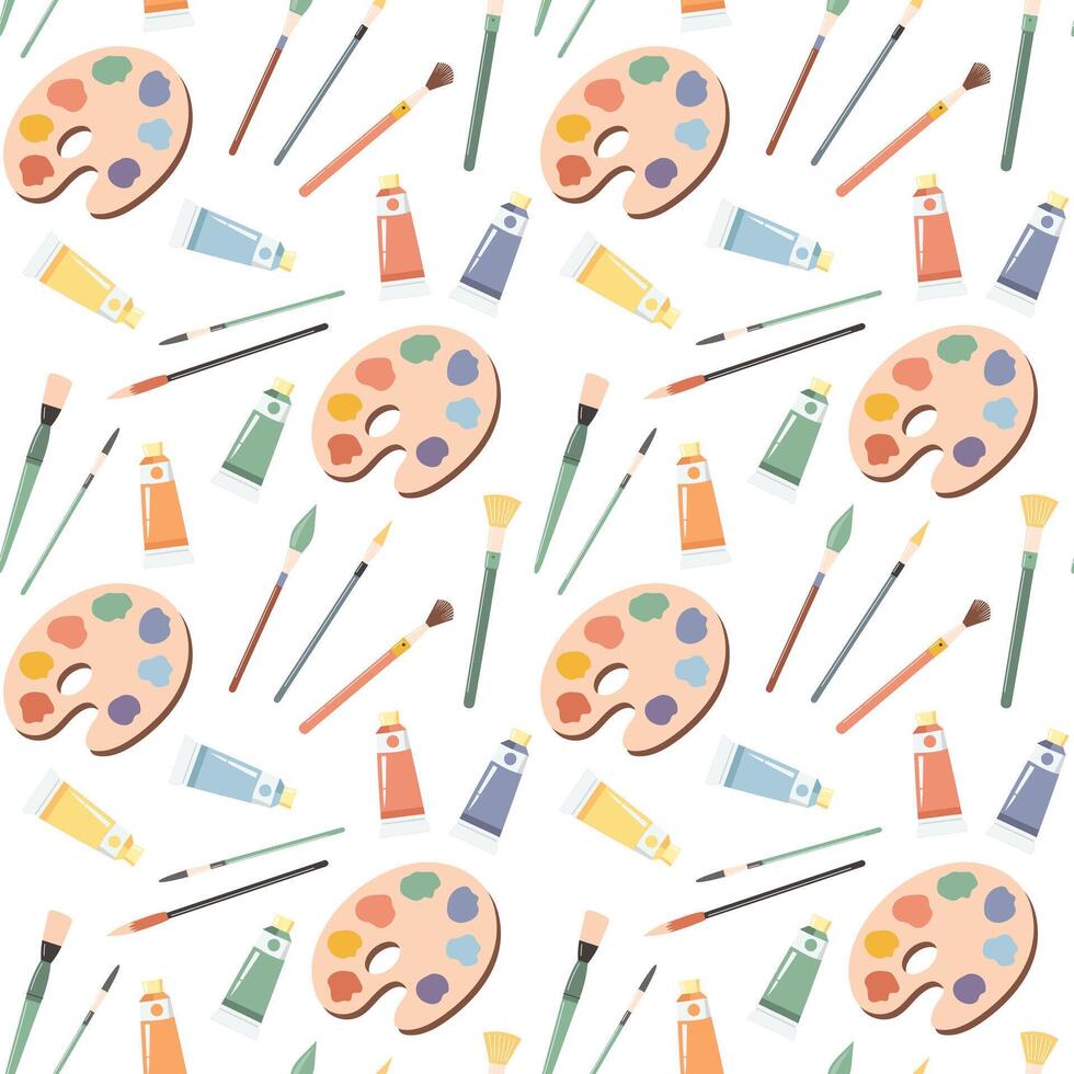 Seamless pattern, palette with paints, brushes and tubes with acrylic. Background with art supplies, accessories for creativity. Print vector