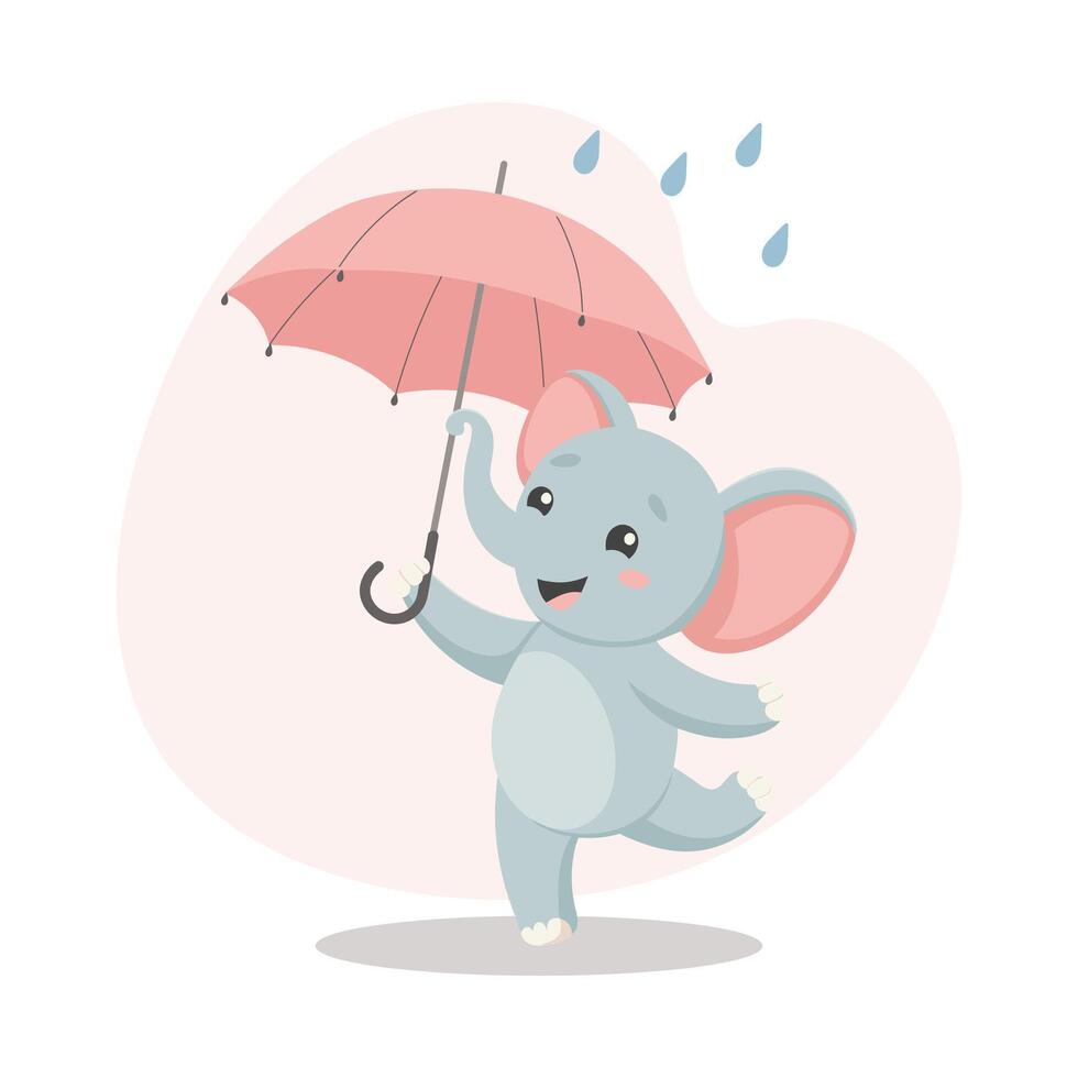 Cute baby elephant with an umbrella in the rain. Autumn children's illustration, print, card vector