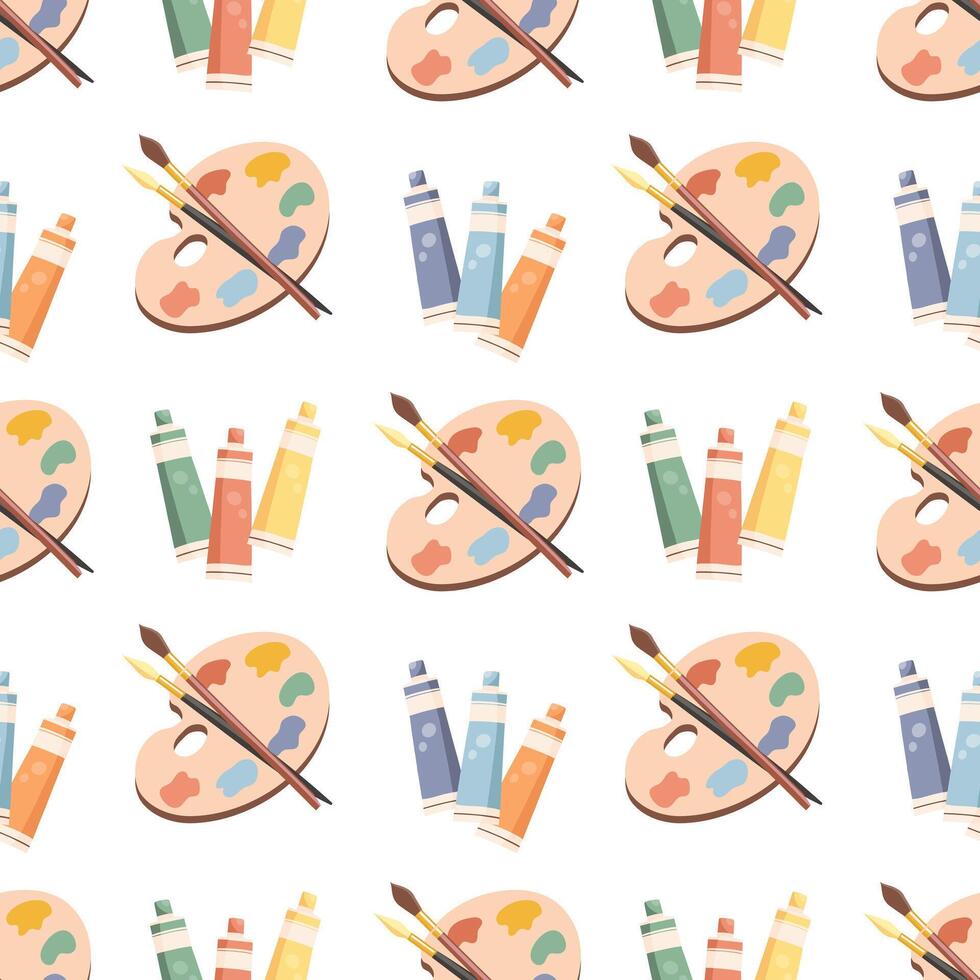 Seamless pattern, palette with paints, brushes and tubes with acrylic. Background with art supplies, accessories for creativity. Print vector