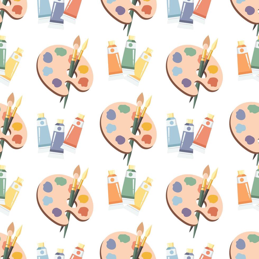 Seamless pattern, palette with paints, brushes and tubes with acrylic. Background with art supplies, accessories for creativity. Print vector