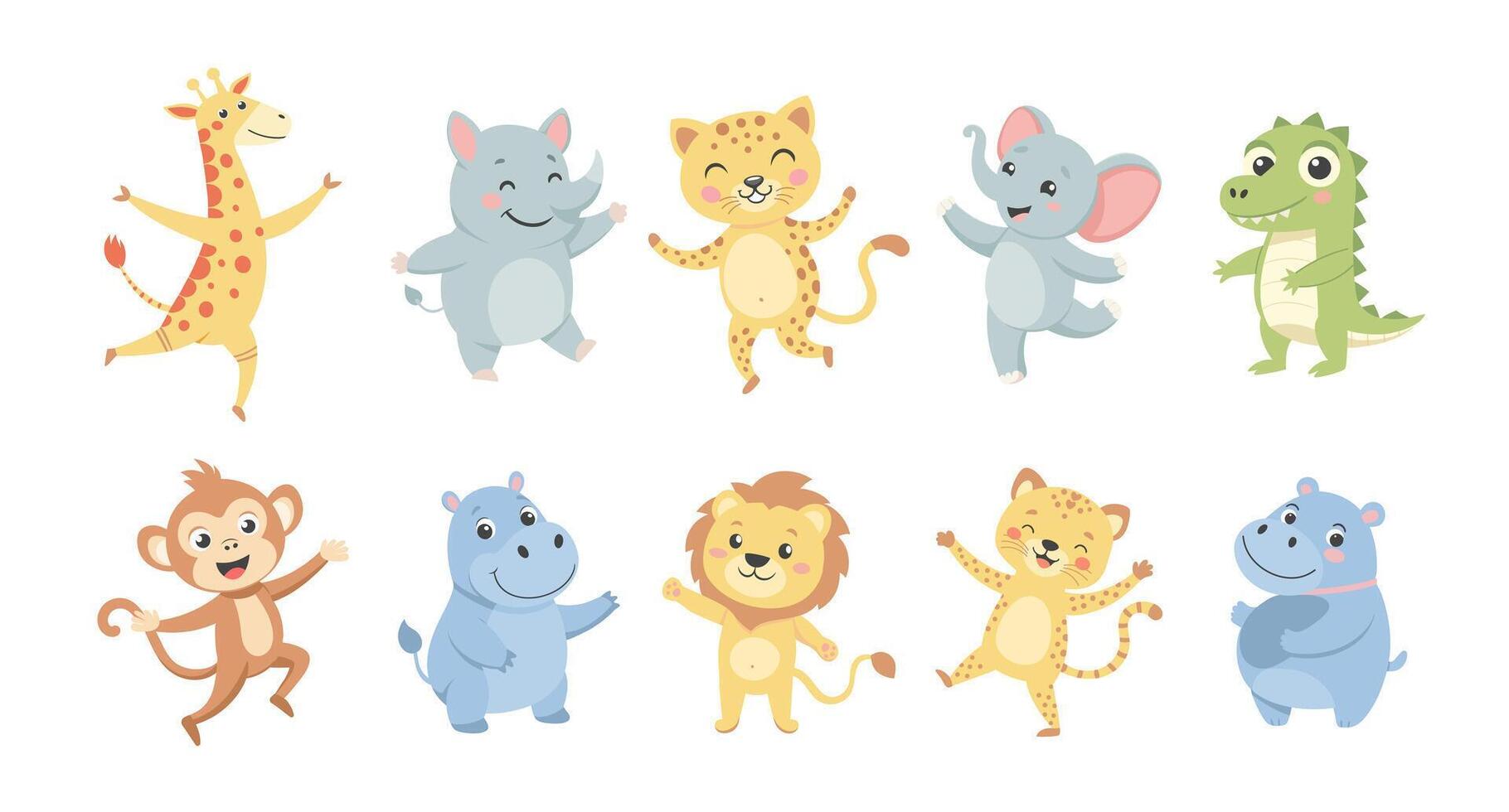 Childrens set with cute dancing animals. Collection of children's wild jungle animals. Illustration in flat style vector