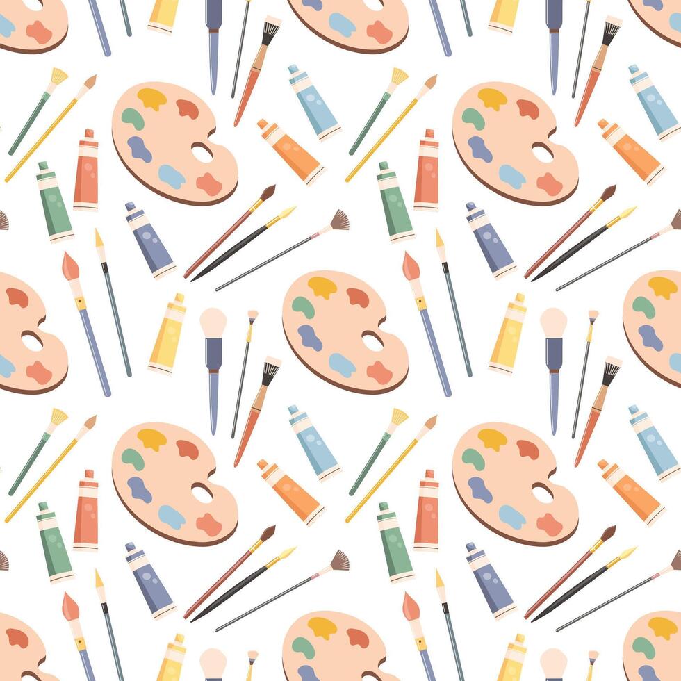 Seamless pattern, palette with paints, brushes and tubes with acrylic. Background with art supplies, accessories for creativity. Print vector