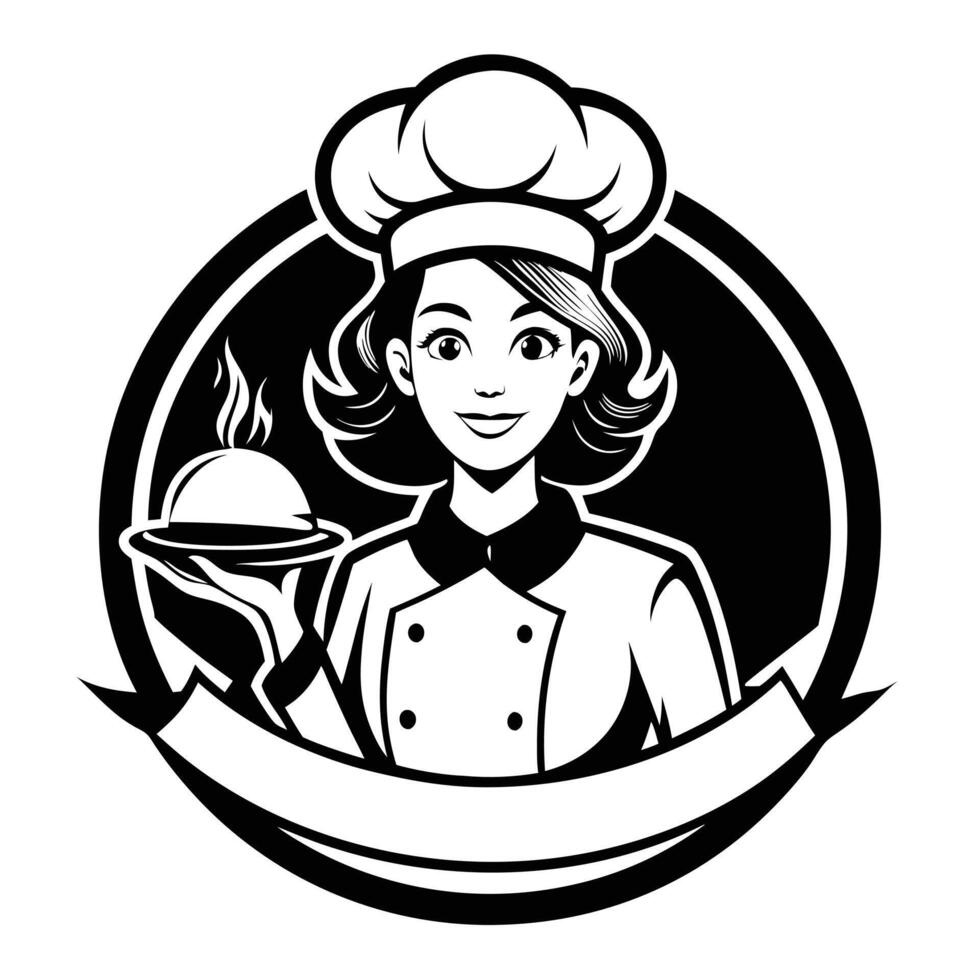 Female Chef with Dish in Hand Logo Icon on White Transparent Background for Restaurants Hotels vector