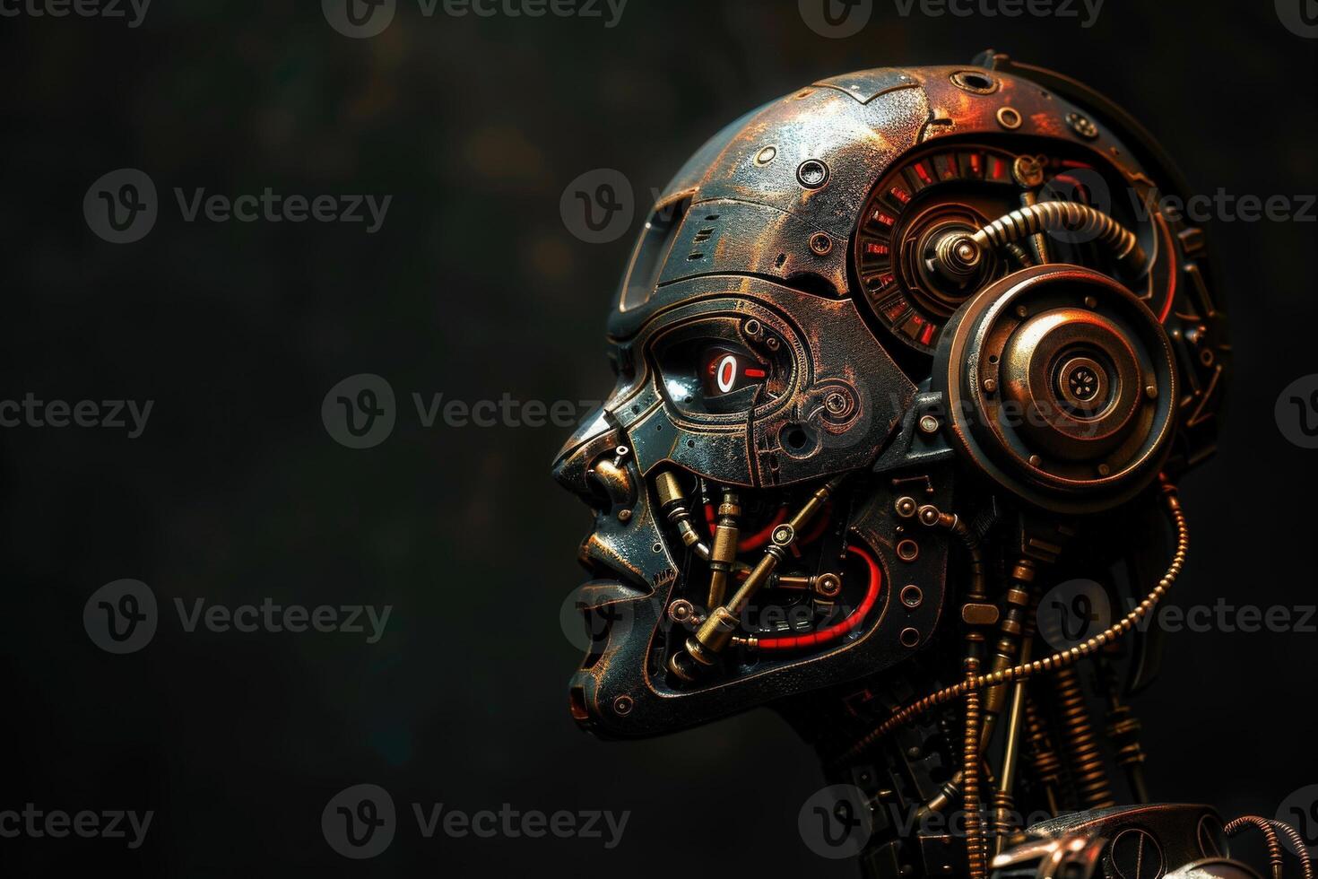 An isolated futuristic robot head showcases intricate mechanical features, highlighted by soft lighting against a dark backdrop, evoking a sense of advanced technology and artistry. photo