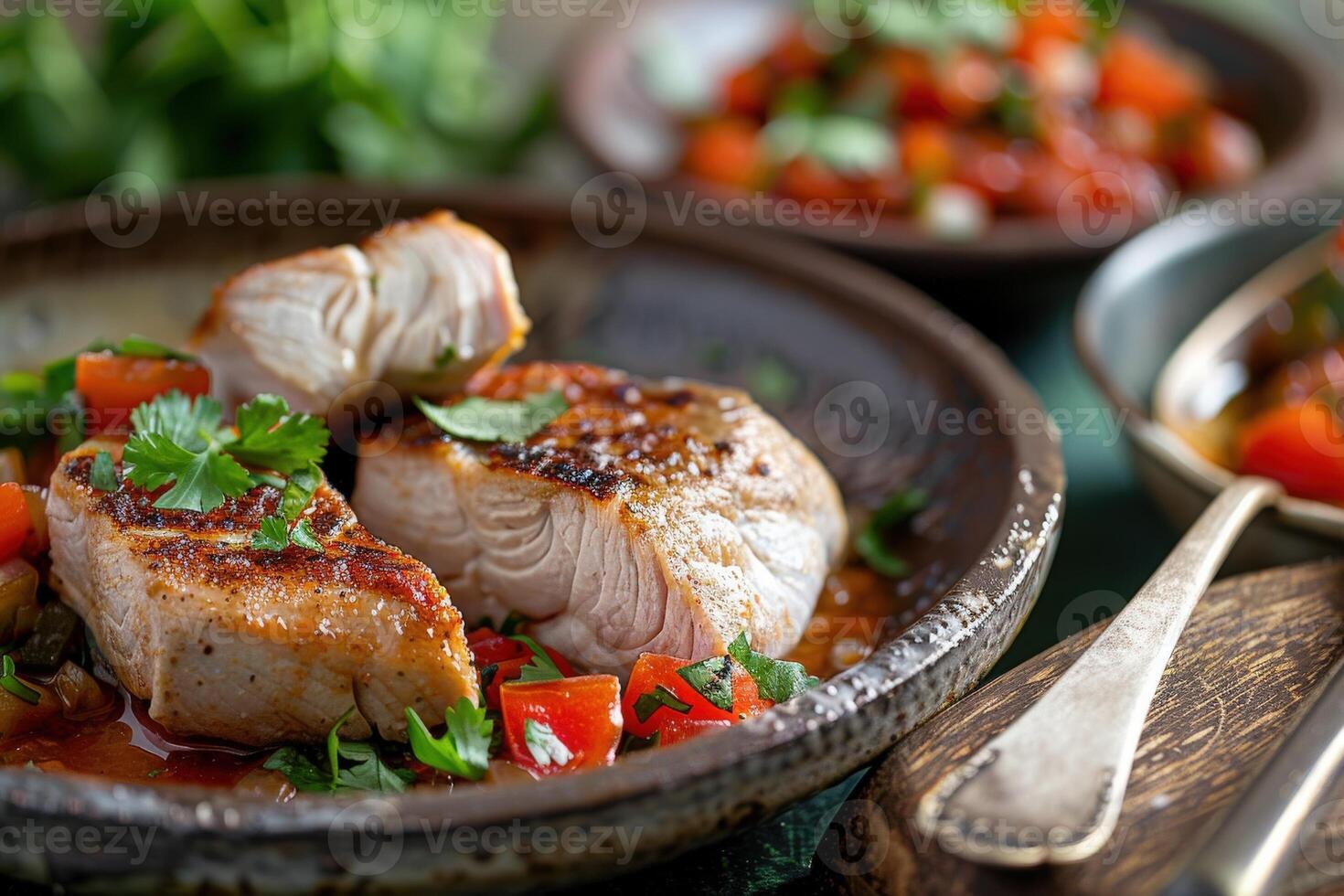 Savory pieces of fish are plated elegantly with vibrant tomatoes and parsley, creating a delightful culinary experience. photo