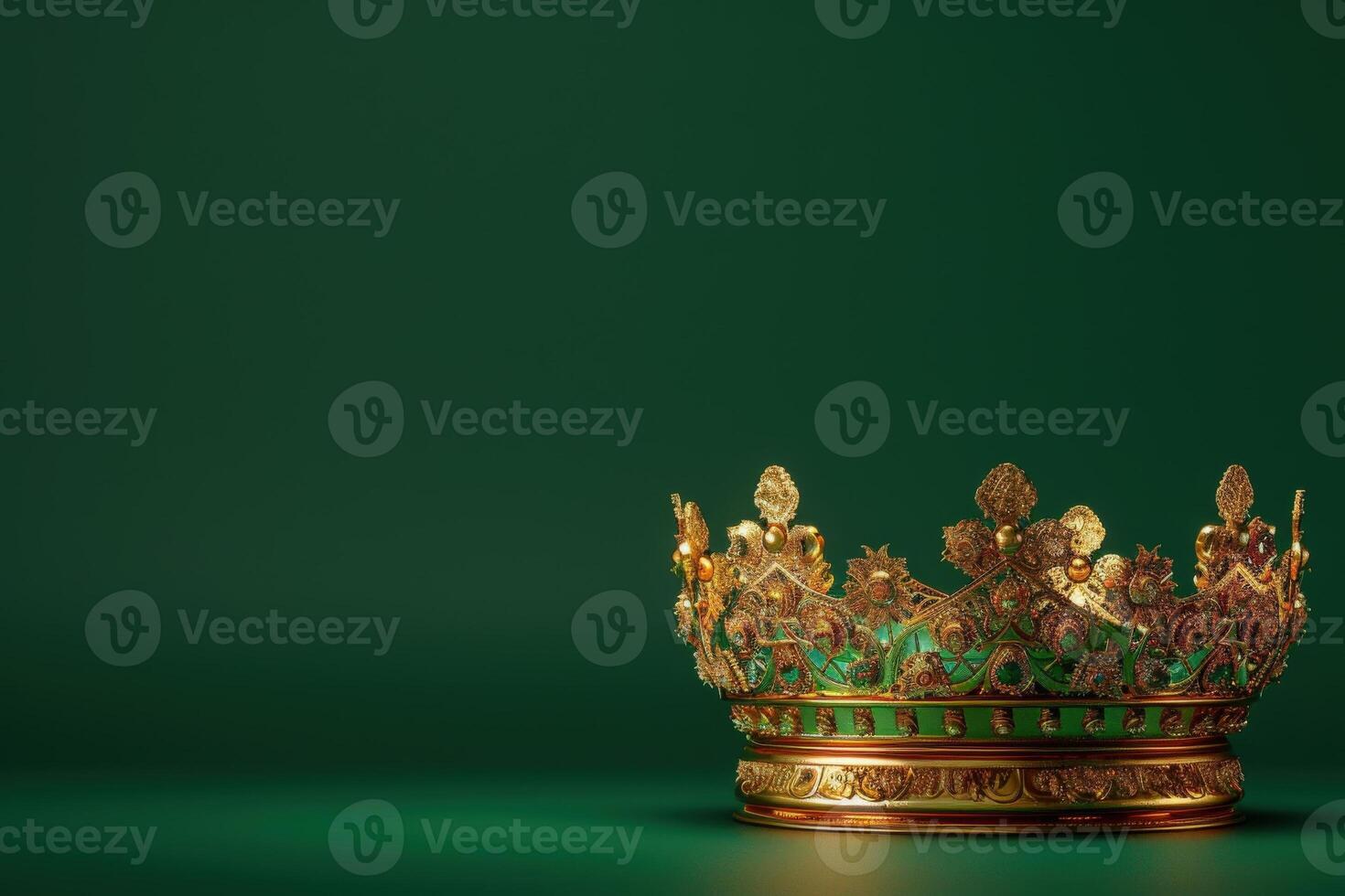 A stunning golden crown with intricate details rests elegantly on a lush green surface, exuding royal charm and opulence. photo