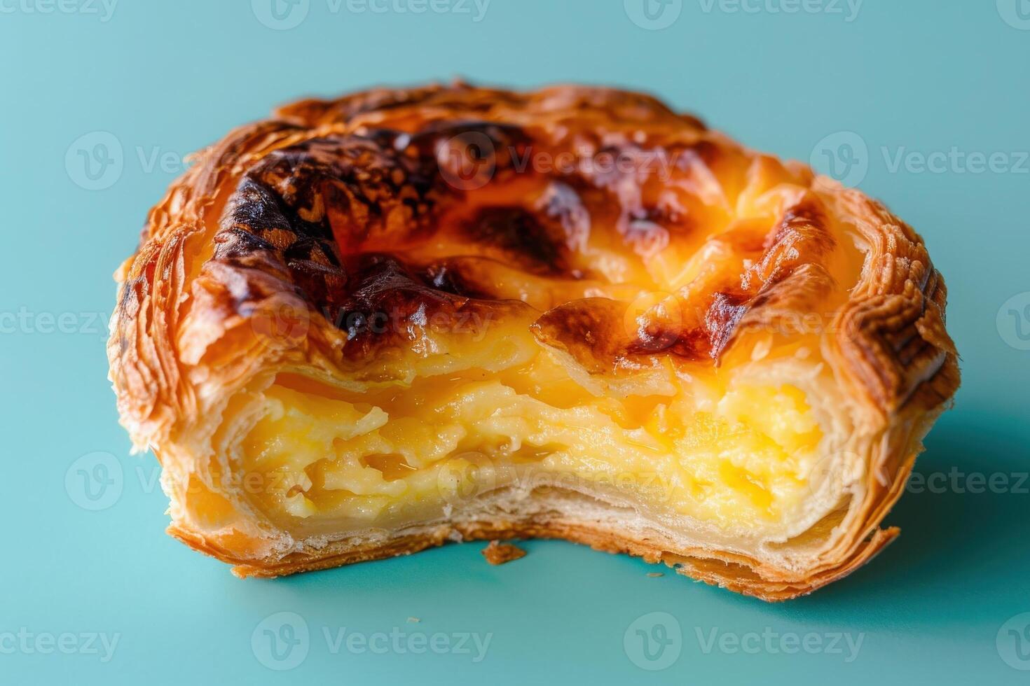 A pastel de nata sits invitingly, showcasing its flaky crust and creamy custard filling, with a perfect bite revealing its delightful texture. photo