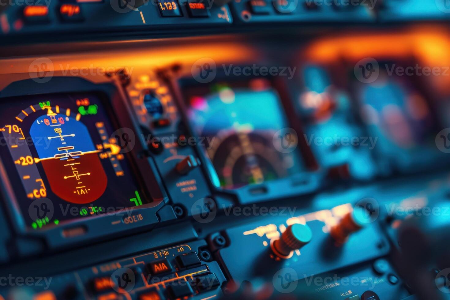An isolated cockpit radiates warm, vibrant hues from intricate controls and displays, creating an immersive atmosphere. photo
