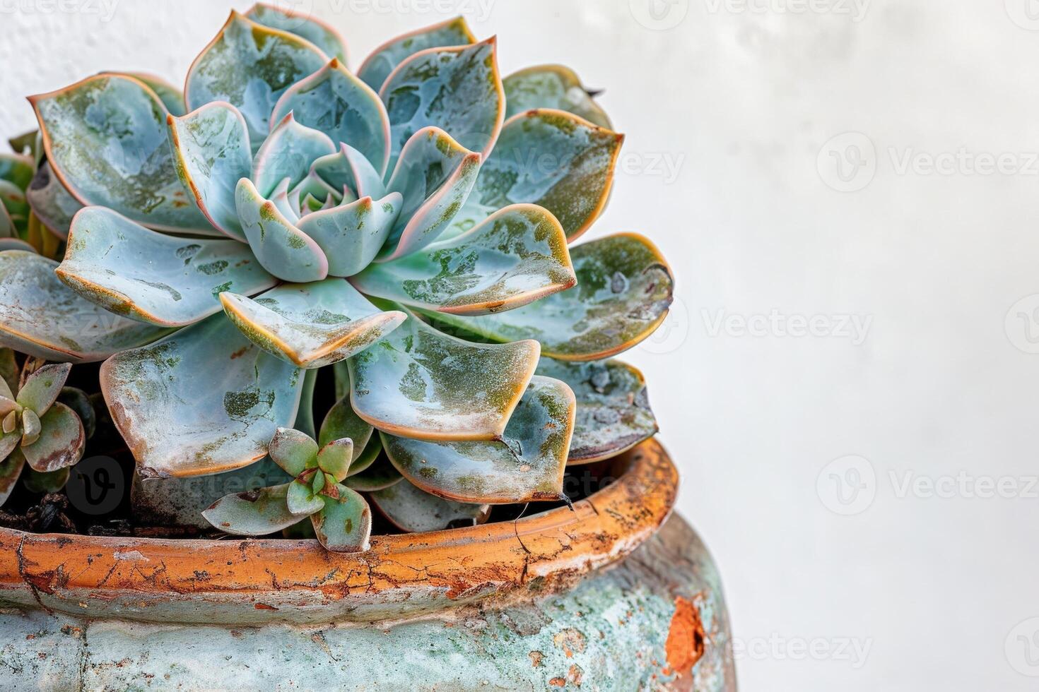 A vibrant succulent, with intricate leaves, thrives gracefully in a weathered terracotta pot, showcasing natural beauty. photo