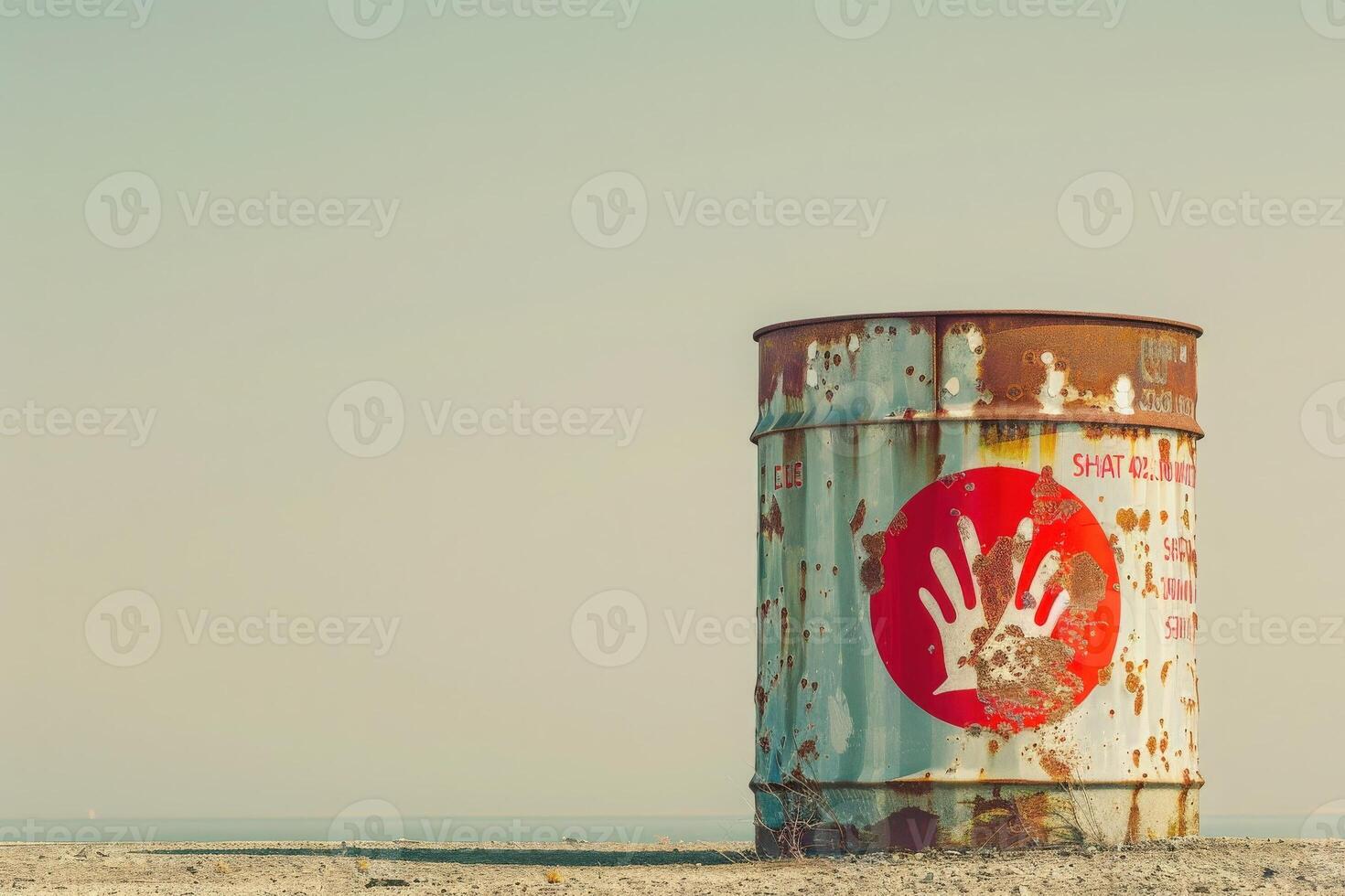 An isolated oil drum, weathered and rusty, displays a unique hand logo under a serene sky at dusk, evoking a sense of solitude. photo