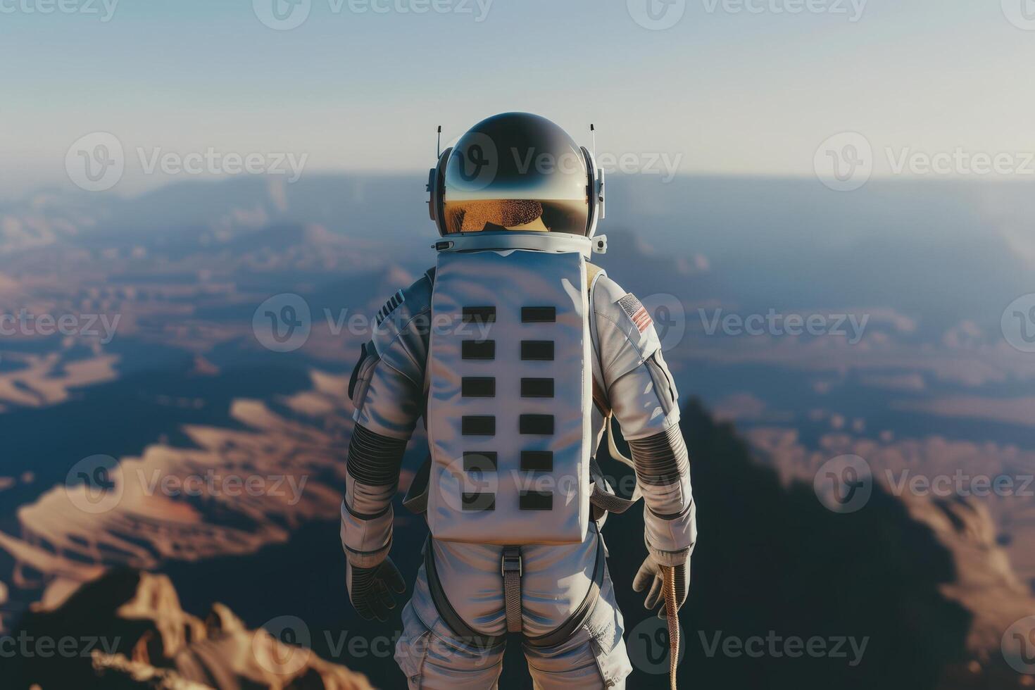 An astronaut gazes over the vast Martian terrain, holding a dog while exploring the red planet's rugged beauty. photo
