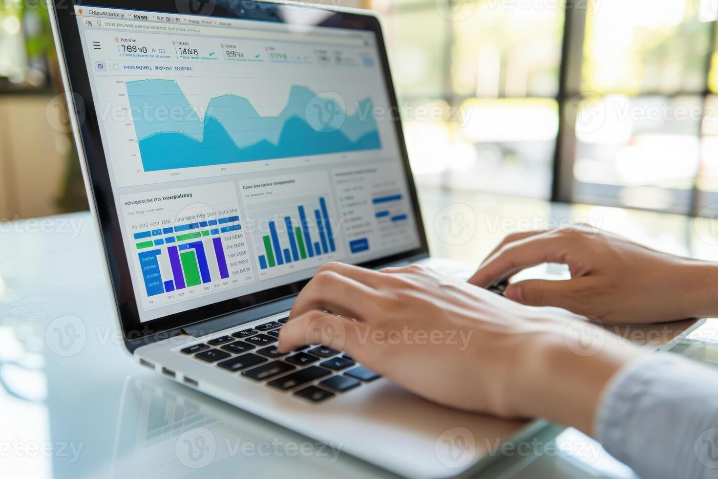 A laptop showcases affiliate marketing analytics with colorful graphs and statistics in a modern office setting. photo