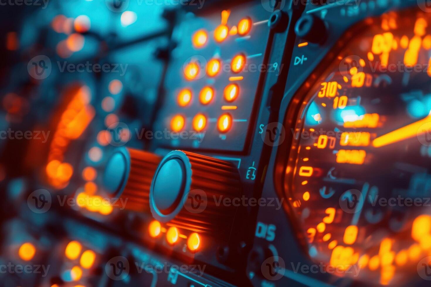 A captivating airplane cockpit comes alive with glowing instruments, showcasing a blend of vibrant colors in the dark, creating a futuristic atmosphere. photo