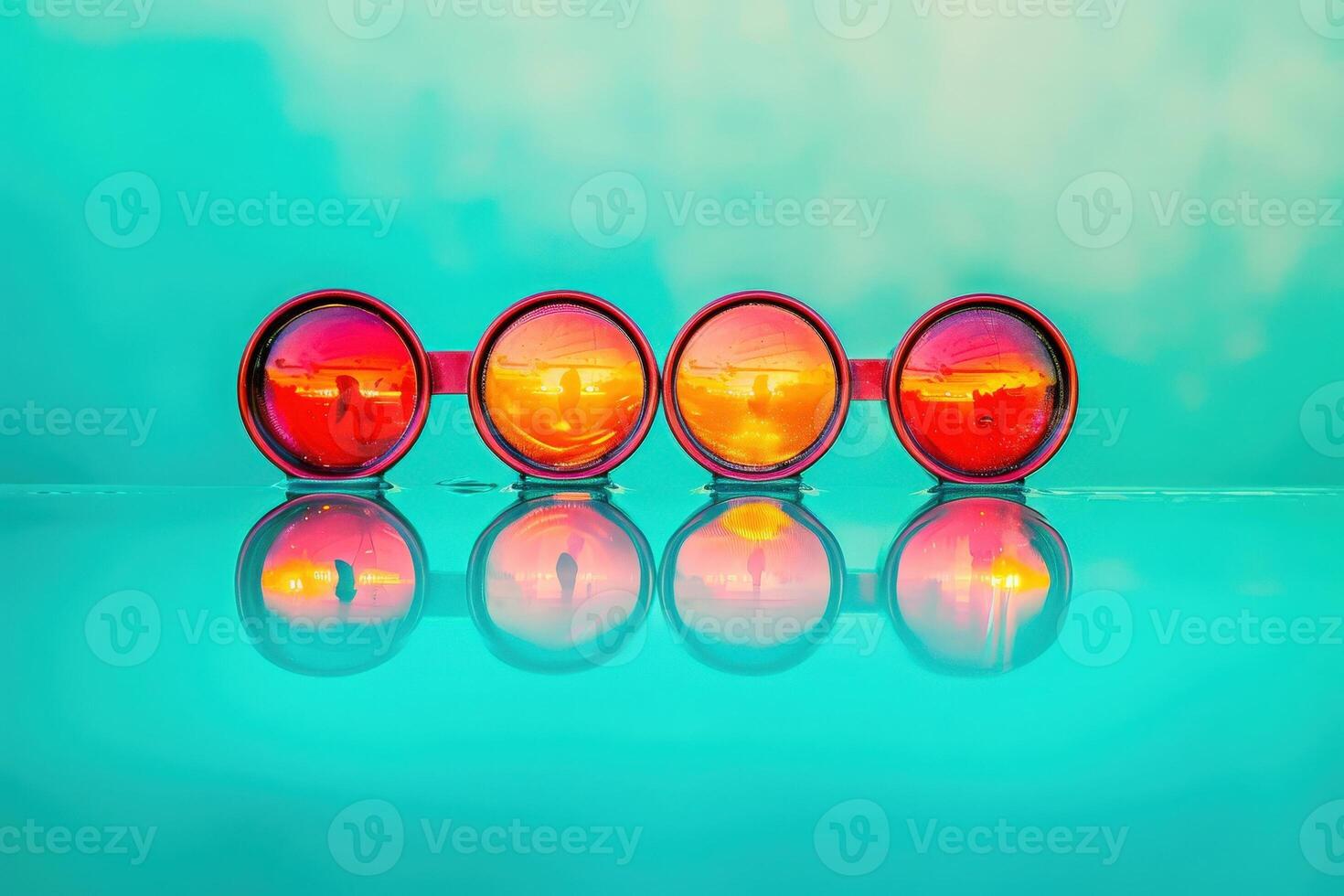An isolated pair of bright red binoculars rests on a reflective surface, capturing vibrant colors and sunlight, evoking a sense of summer adventure. photo