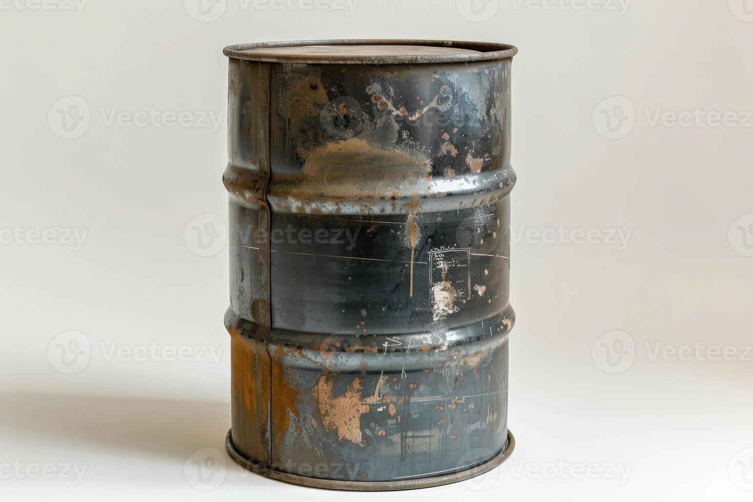 An oil drum stands alone against a neutral backdrop, showcasing its weathered surface and unique logo that captures attention and sparks curiosity. photo