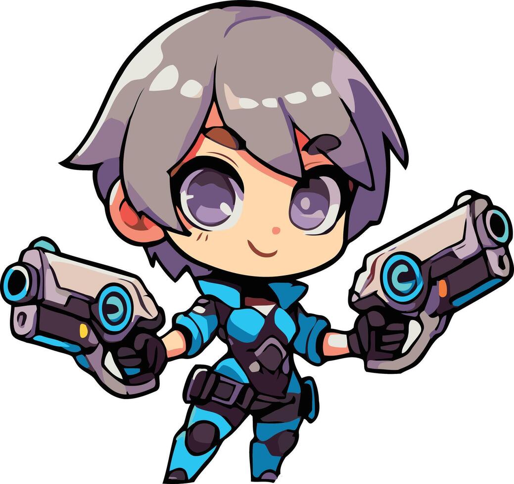 Cute Chiby Short Hair girl with double gun vector