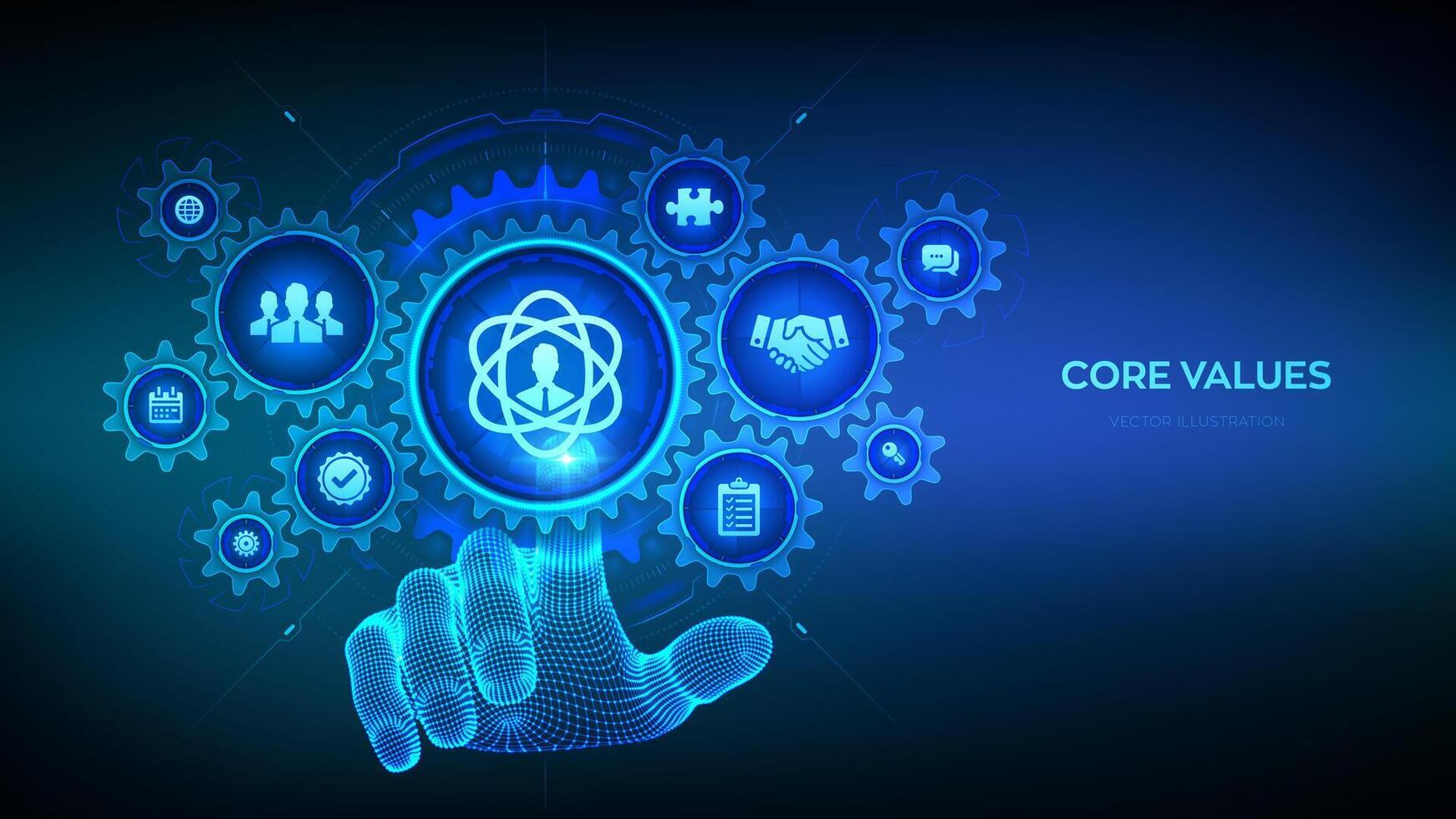 Core Values. Responsibility Ethics Goals Company concept on virtual screen. Core values infographic. Wireframe hand touching digital interface with connected gears cogs and icons. illustration. vector