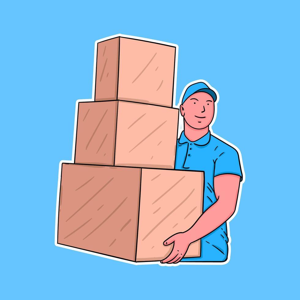 illustration flat design man delivery bring box vector