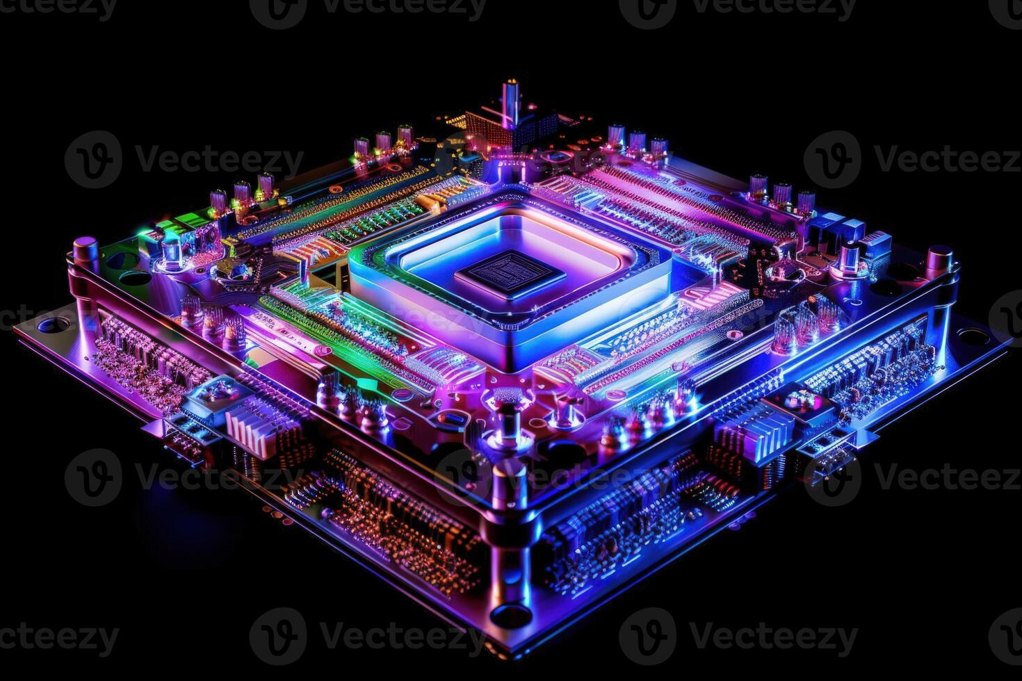 An intricate AI chip illuminates the darkness with vibrant colors, showcasing advanced technology and design in an ethereal glow. photo