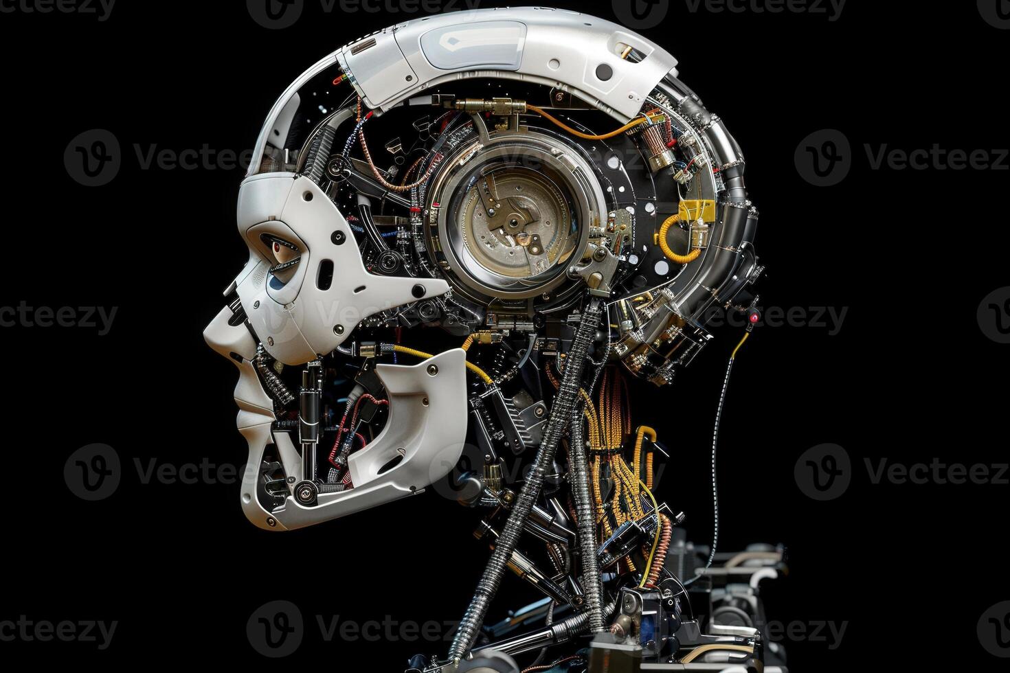 An isolated robotic head showcases intricate circuitry and mechanical elements, merging art and technology in a captivating display. photo